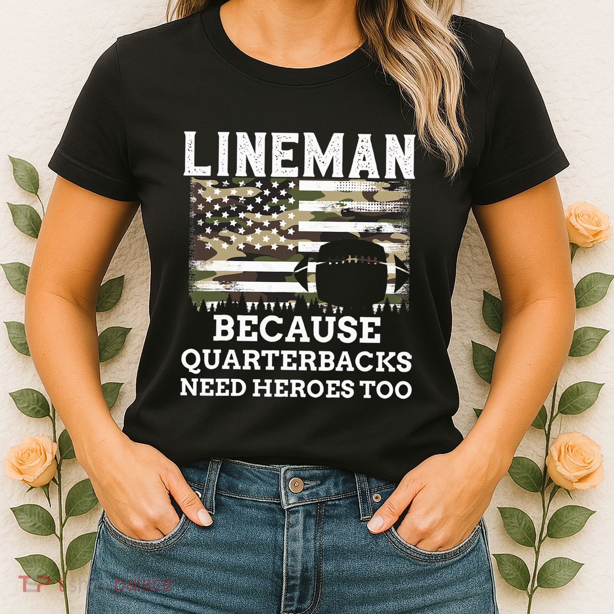 Lineman Football Gift Patriotic American Flag Camouflage Women's T-Shirt