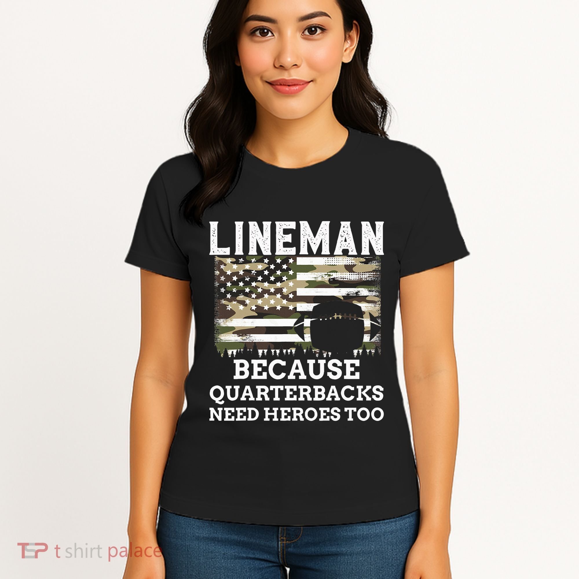 Lineman Football Gift Patriotic American Flag Camouflage Women's T-Shirt