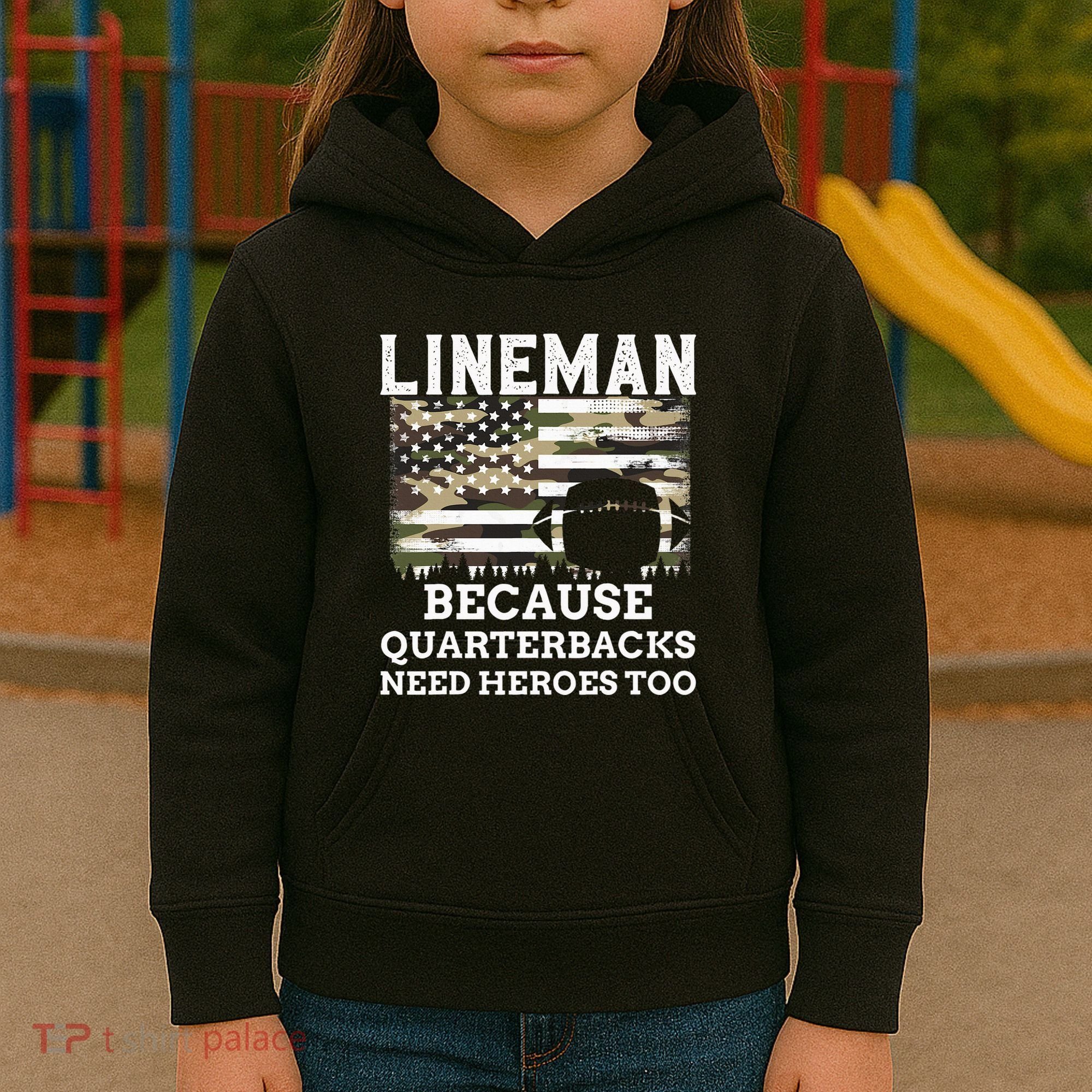 Lineman Football Gift Patriotic American Flag Camouflage Kids Hoodie