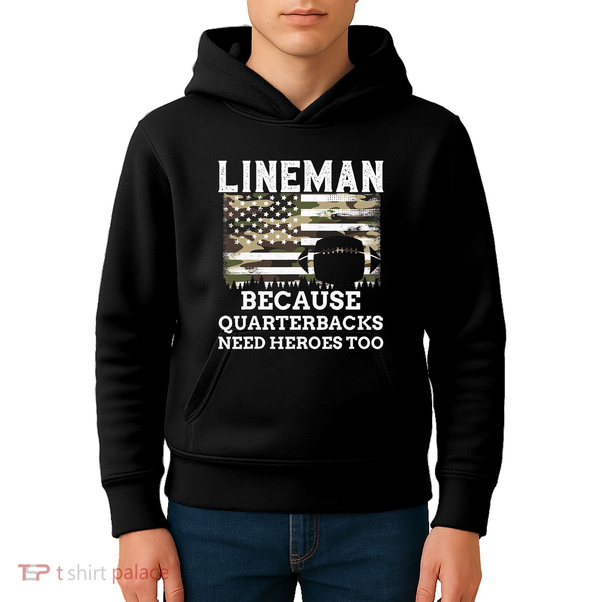 Lineman Football Gift Patriotic American Flag Camouflage Kids Hoodie
