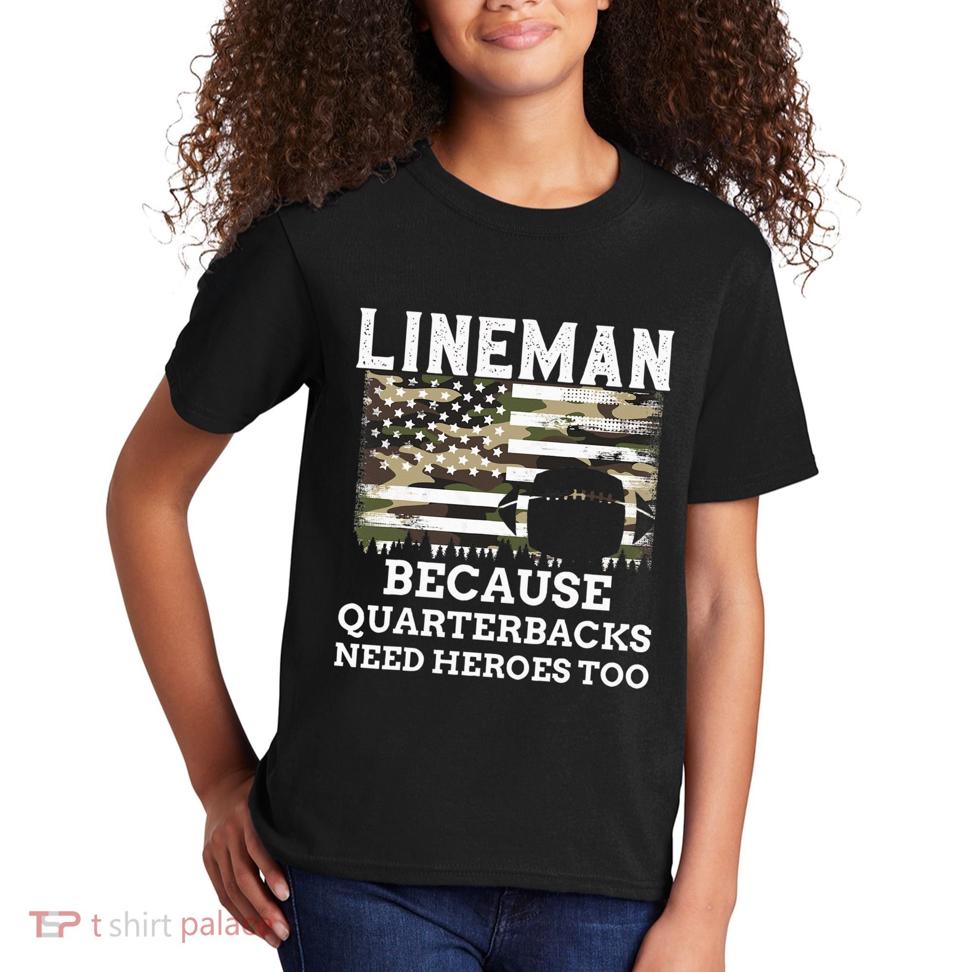 Lineman Football Gift Patriotic American Flag Camouflage Kids T-Shirt