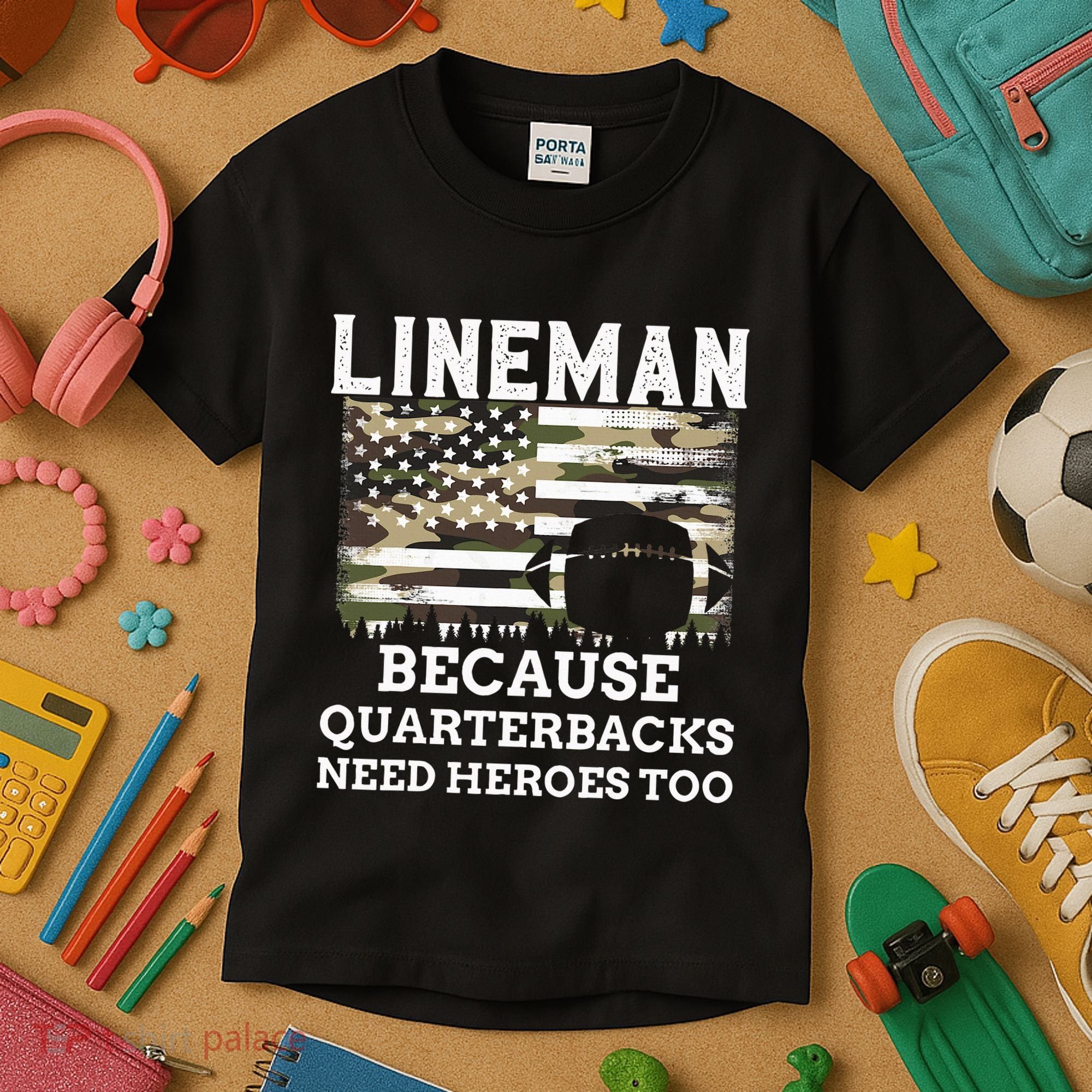Lineman Football Gift Patriotic American Flag Camouflage Kids T-Shirt