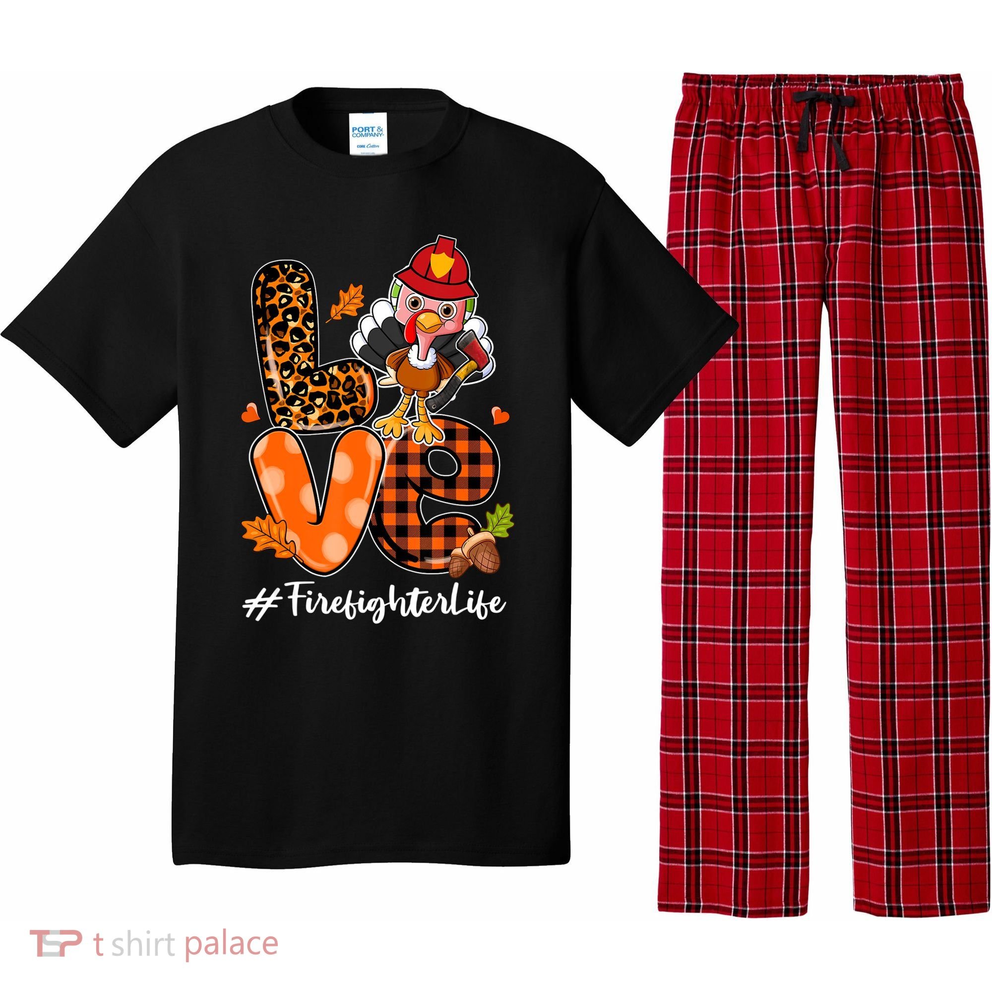 Love Firefighter Leopard Turkey Fall Thanksgiving Pajama Set