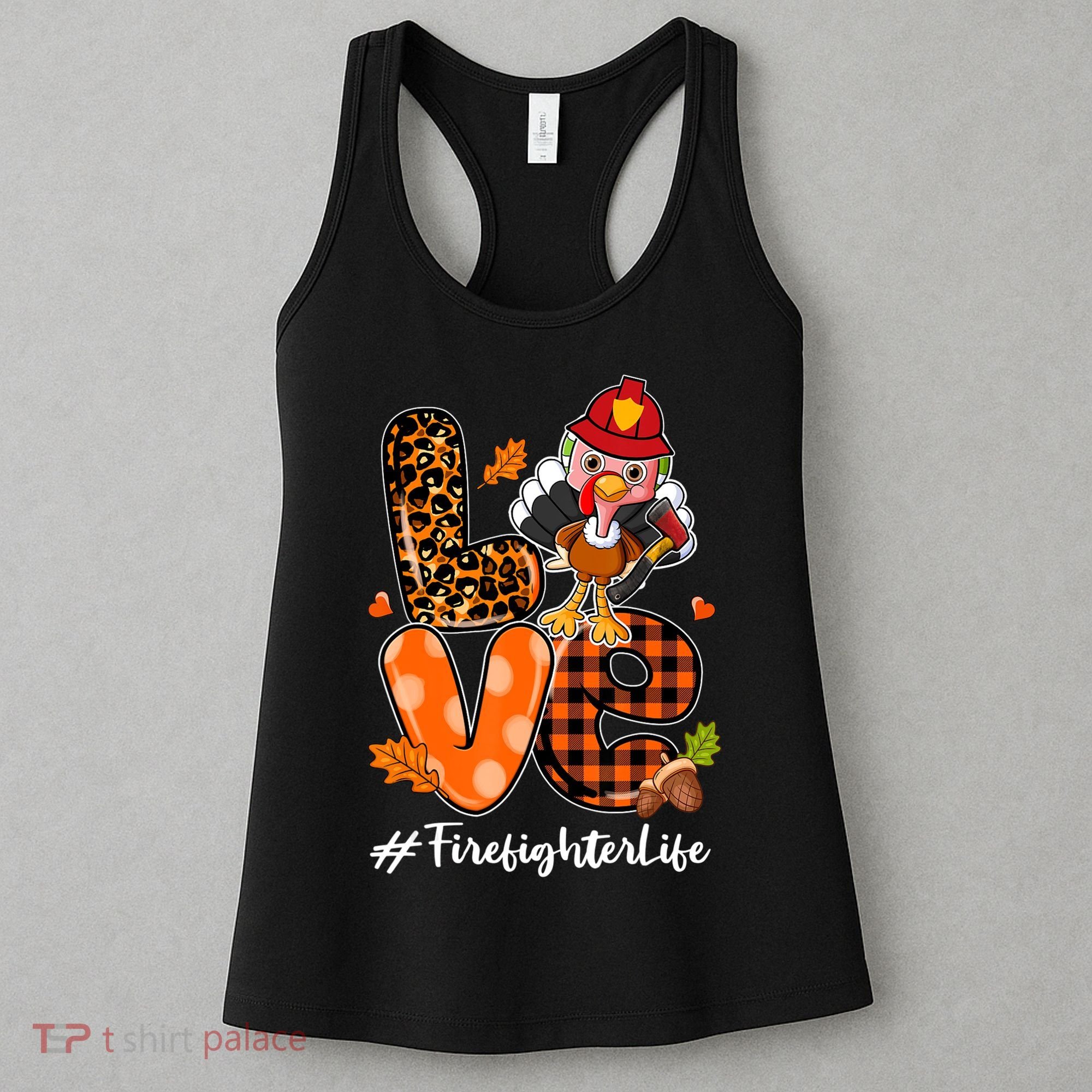 Love Firefighter Leopard Turkey Fall Thanksgiving Women's Tank Top