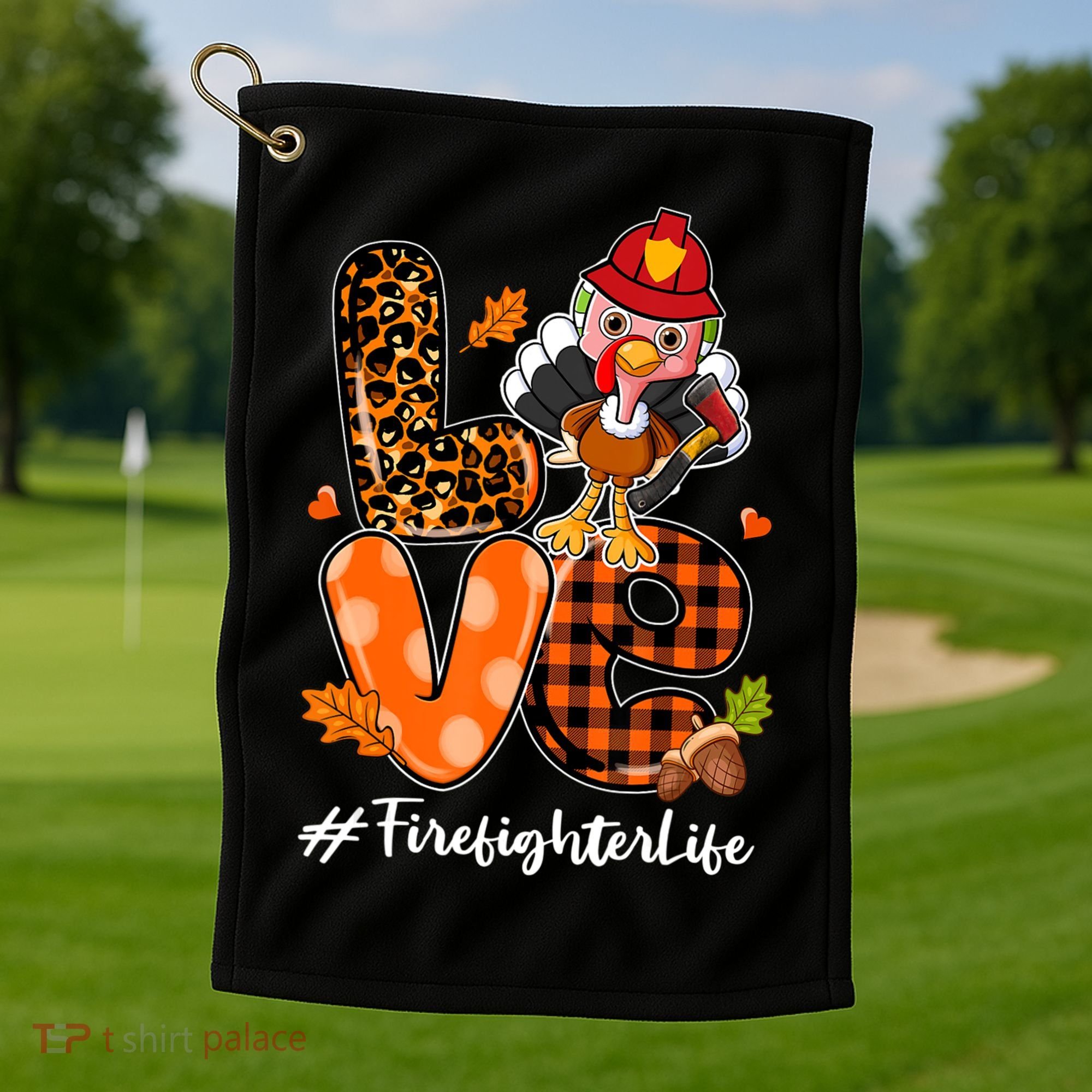 Love Firefighter Leopard Turkey Fall Thanksgiving Golf Towel