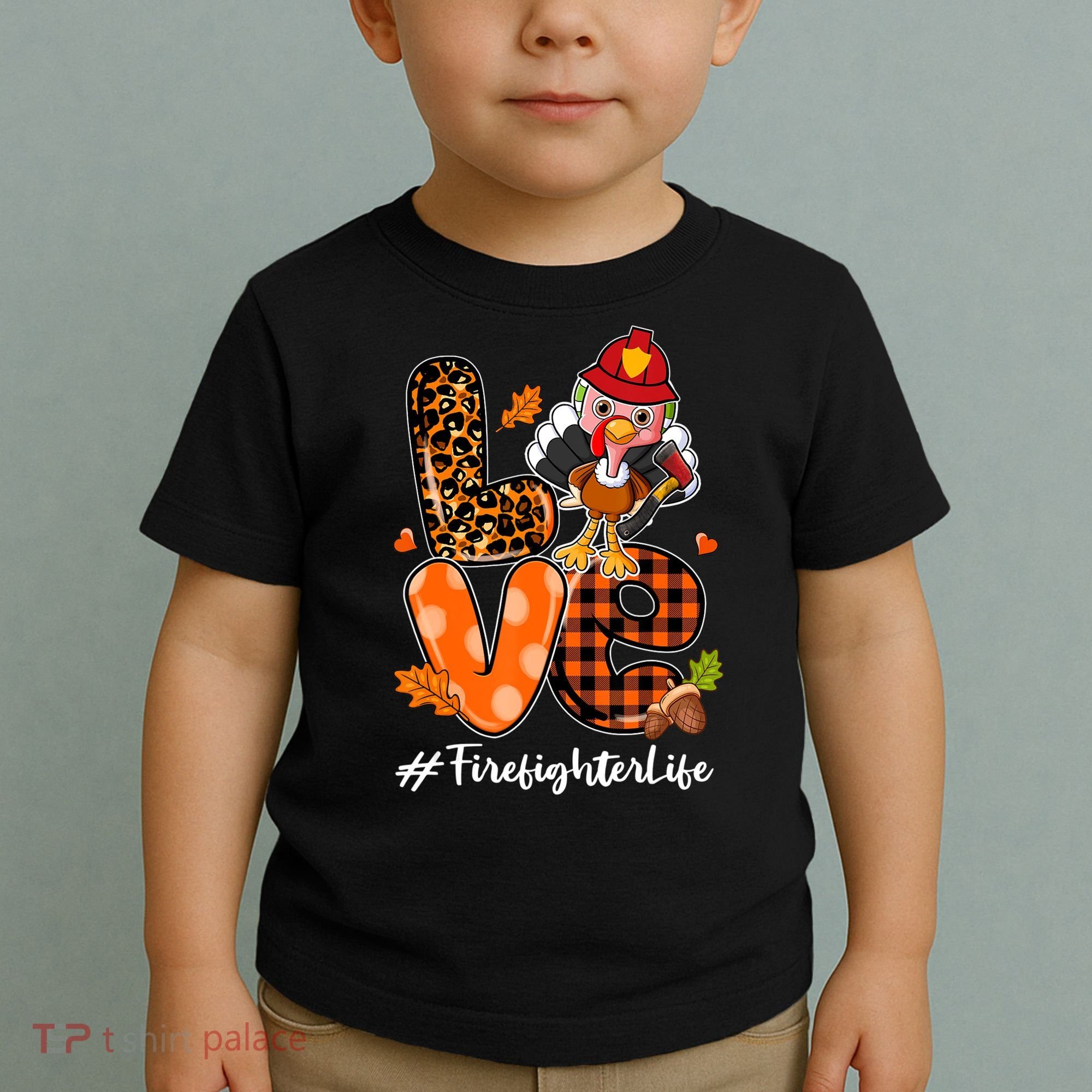 Love Firefighter Leopard Turkey Fall Thanksgiving Toddler T-Shirt