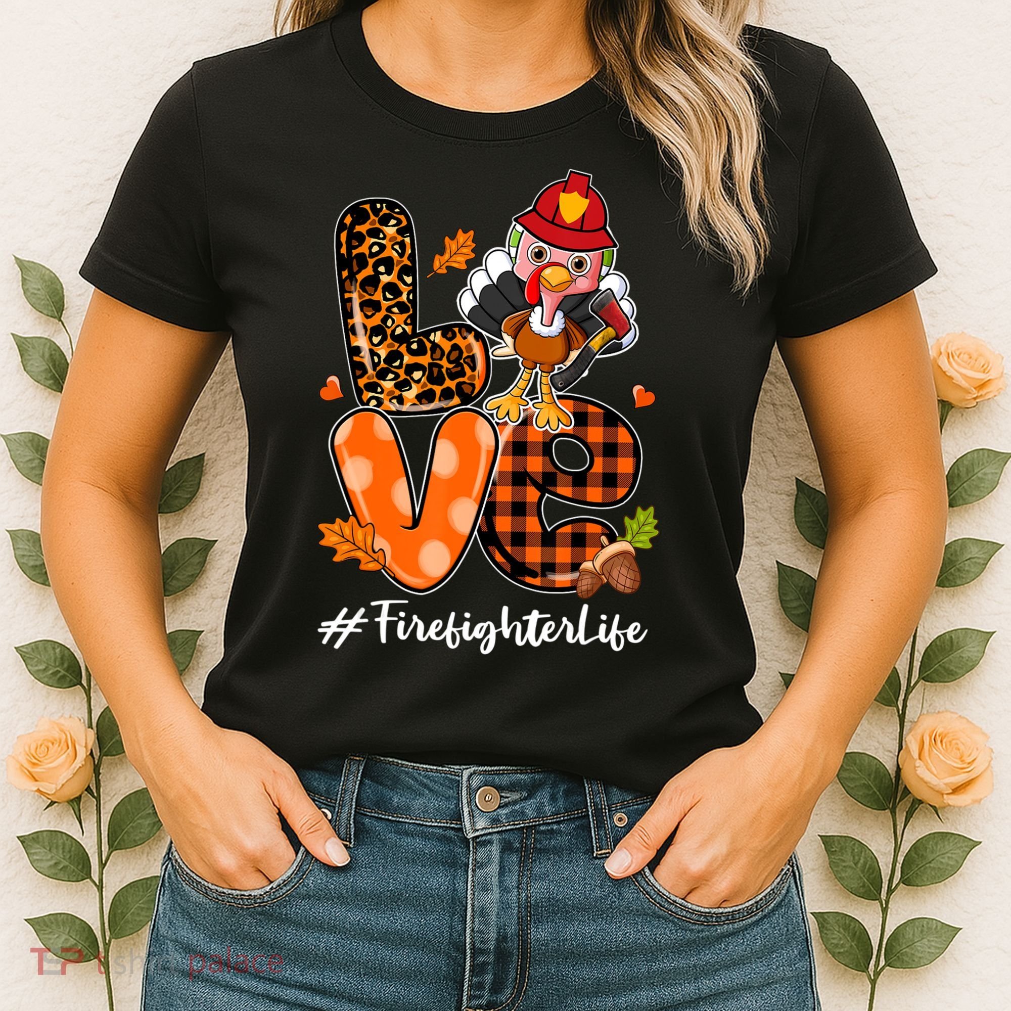 Love Firefighter Leopard Turkey Fall Thanksgiving Women's T-Shirt