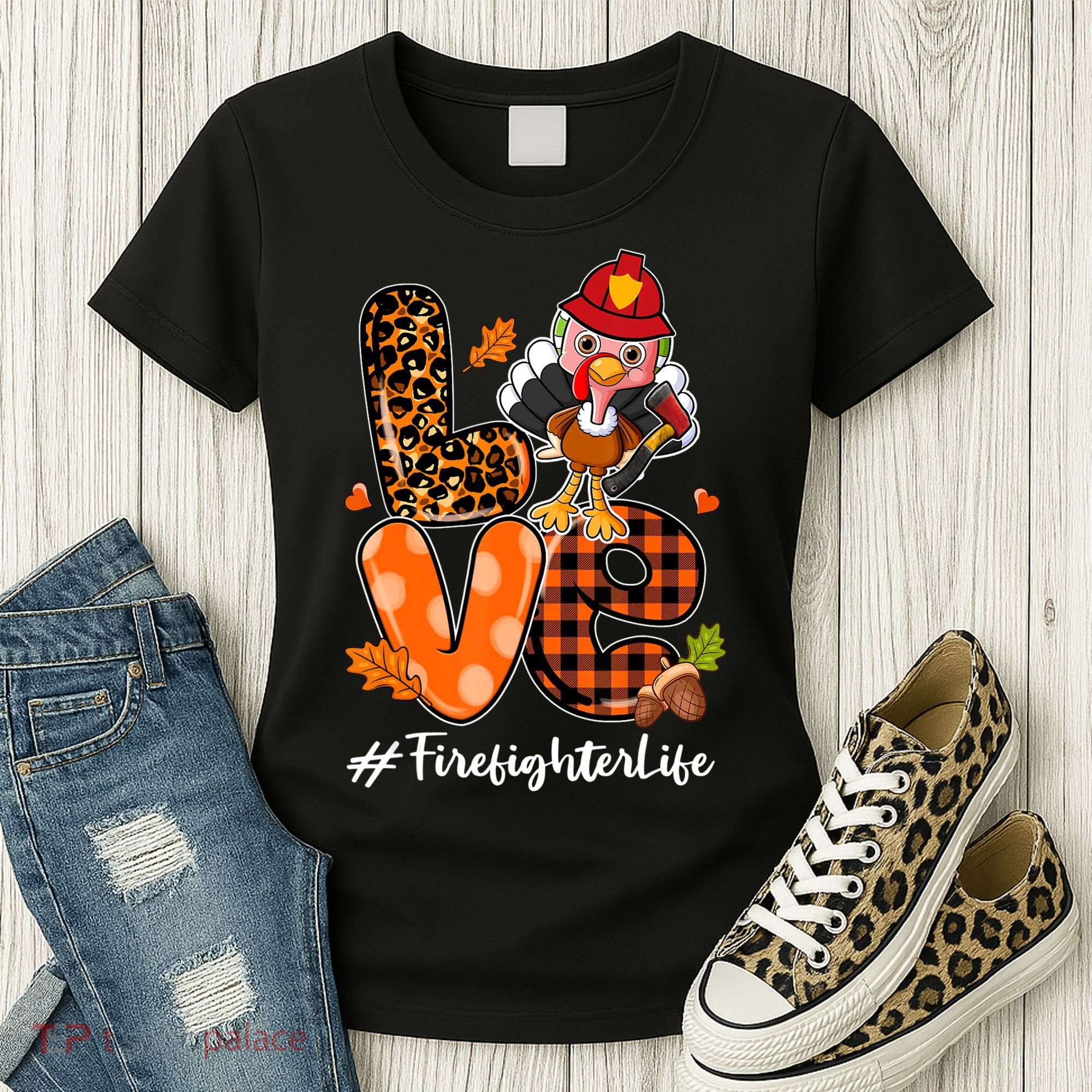 Love Firefighter Leopard Turkey Fall Thanksgiving Women's T-Shirt