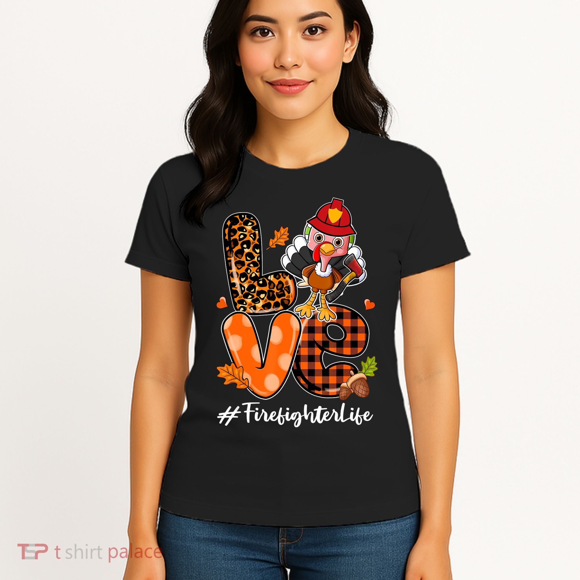 Love Firefighter Leopard Turkey Fall Thanksgiving Women's T-Shirt