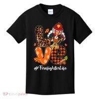 Love Firefighter Leopard Turkey Fall Thanksgiving Kids T-Shirt thumb 0