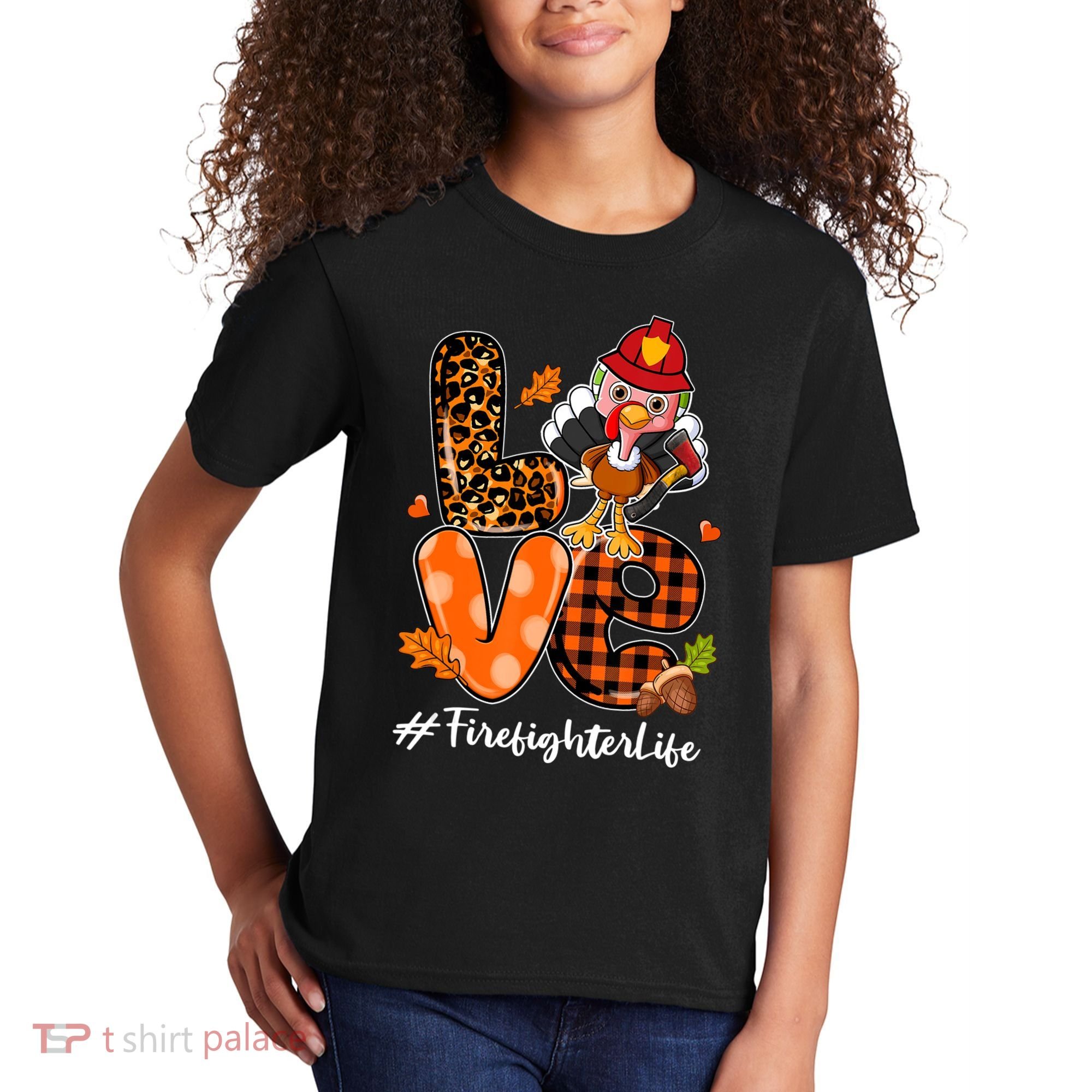 Love Firefighter Leopard Turkey Fall Thanksgiving Kids T-Shirt