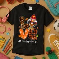 Love Firefighter Leopard Turkey Fall Thanksgiving Kids T-Shirt thumb 3