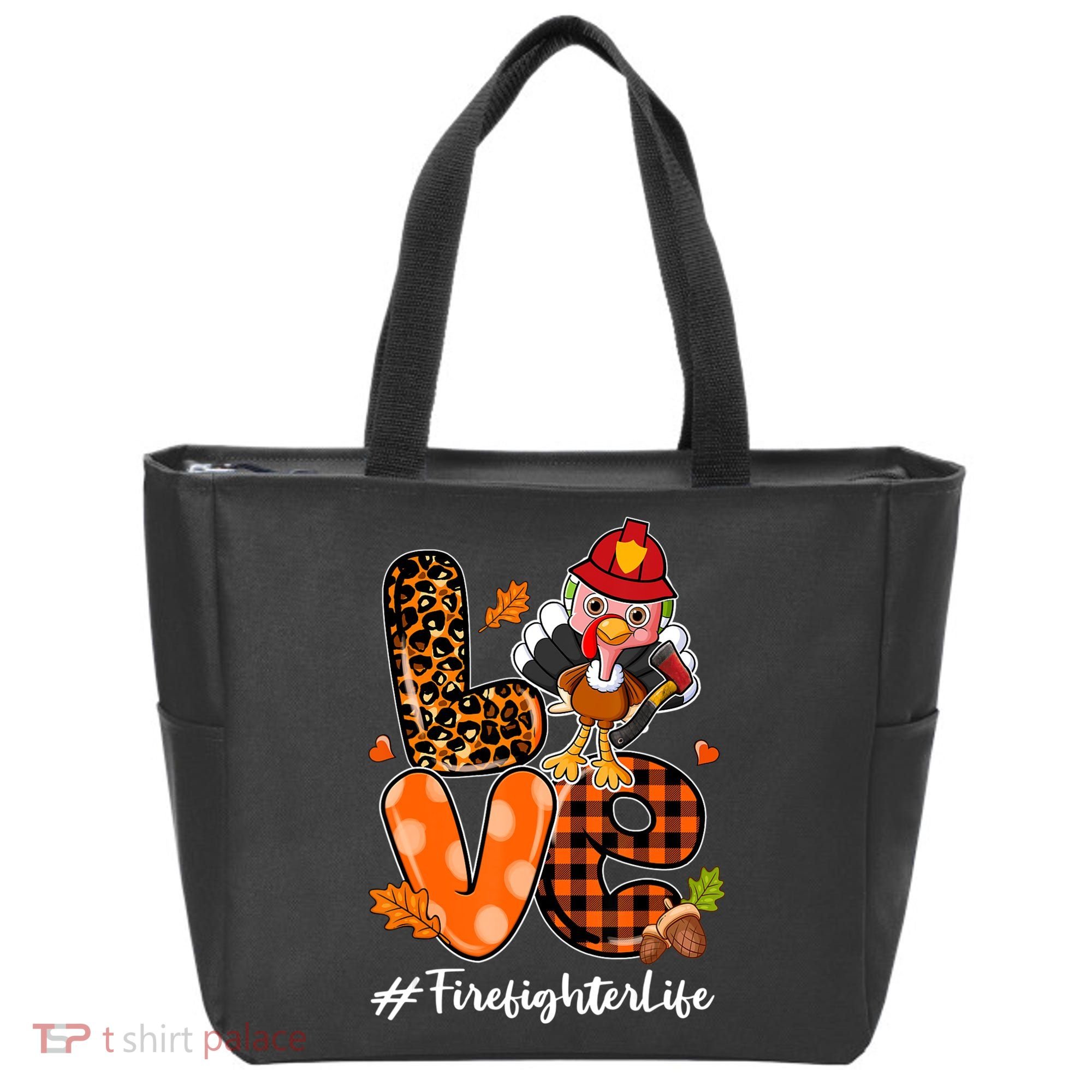 Love Firefighter Leopard Turkey Fall Thanksgiving Tote Bag