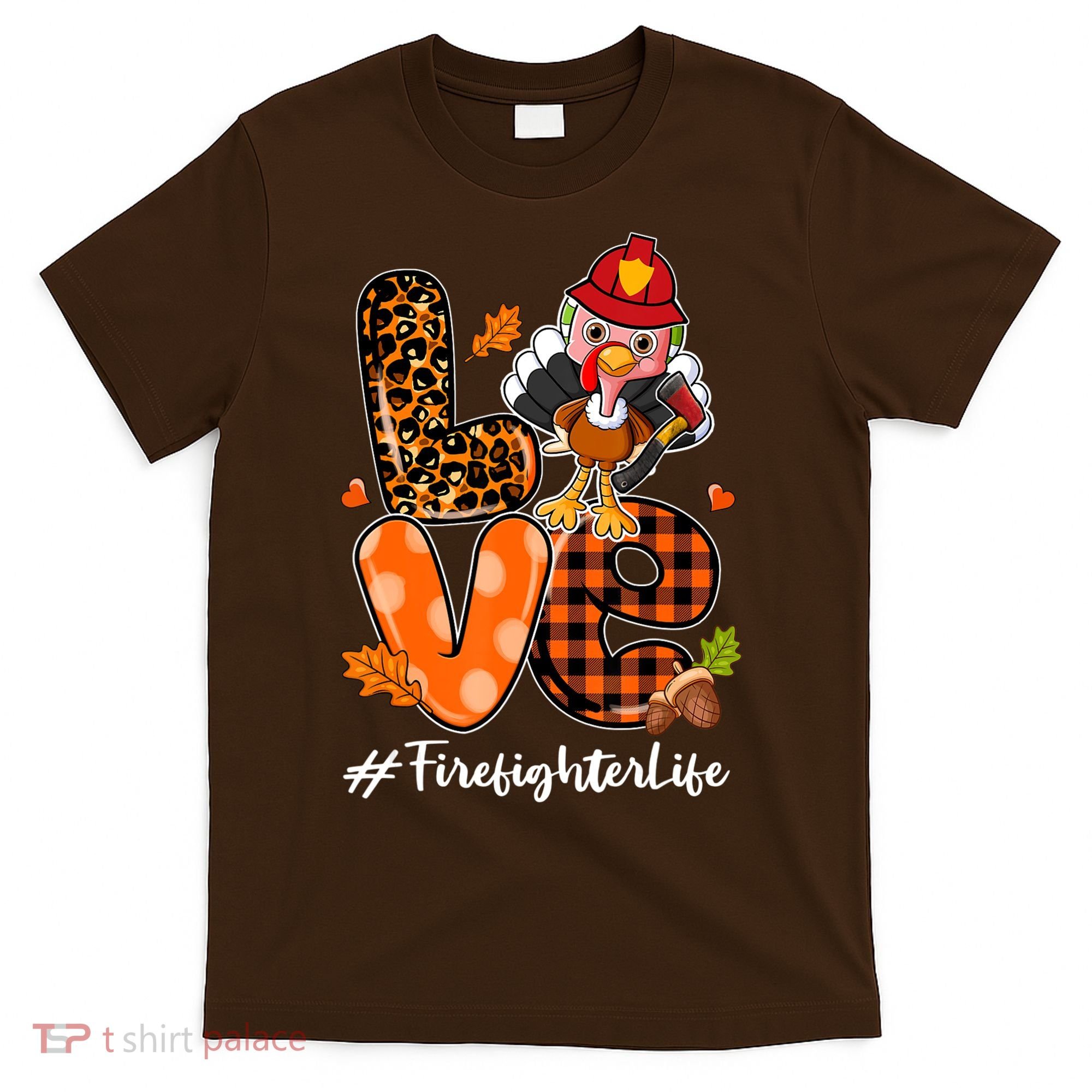 Love Firefighter Leopard Turkey Fall Thanksgiving T-Shirt