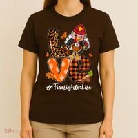 Love Firefighter Leopard Turkey Fall Thanksgiving T-Shirt thumb 4