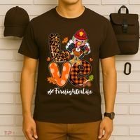 Love Firefighter Leopard Turkey Fall Thanksgiving T-Shirt thumb 6