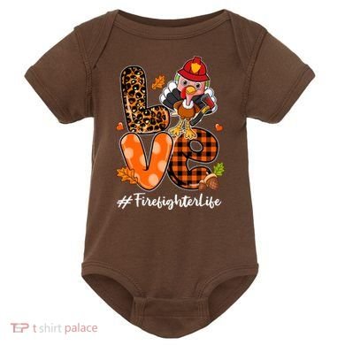 Love Firefighter Leopard Turkey Fall Thanksgiving Baby Bodysuit