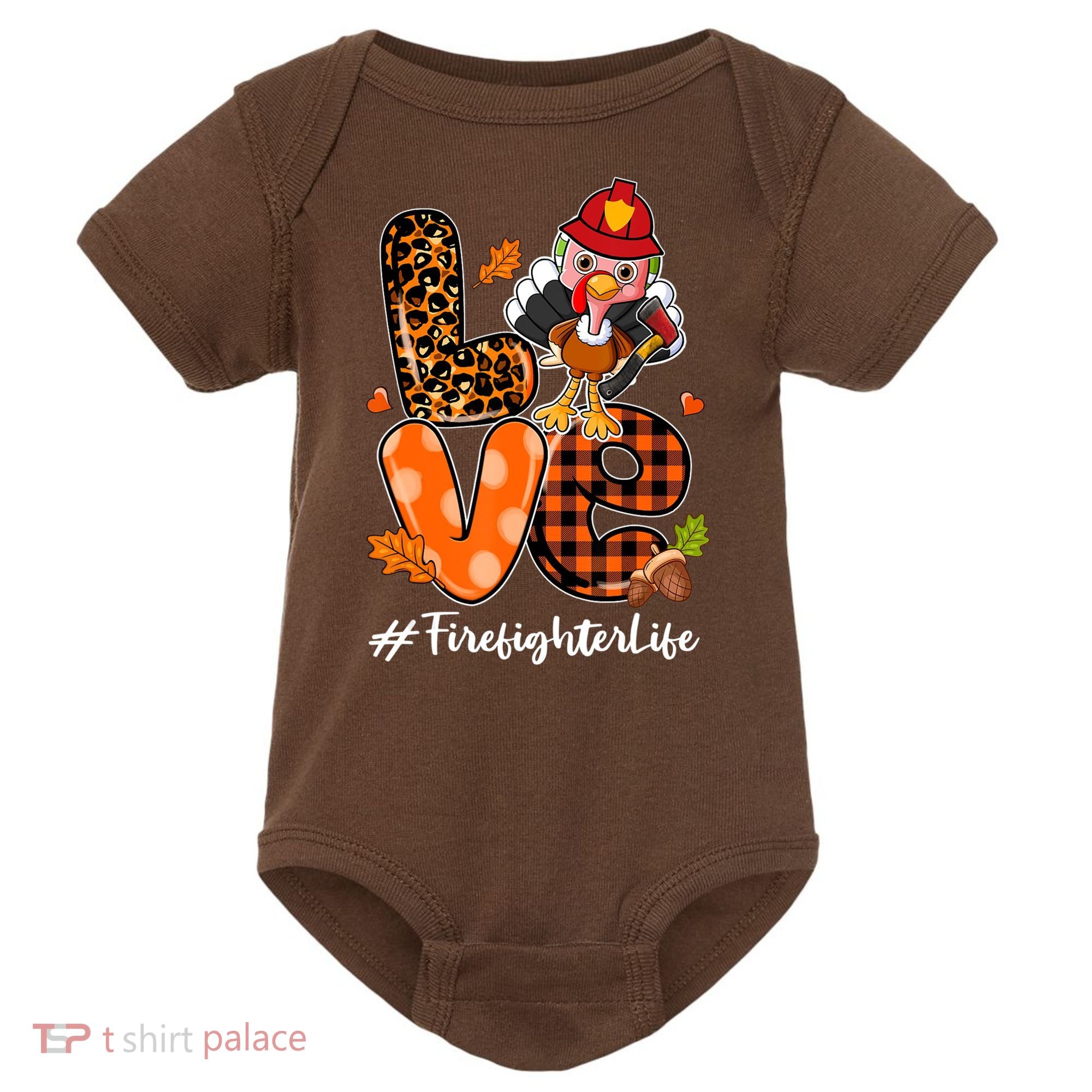 Love Firefighter Leopard Turkey Fall Thanksgiving Baby Bodysuit