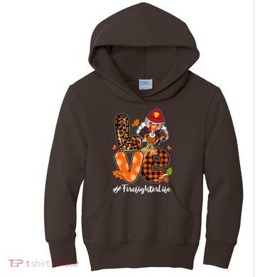 Love Firefighter Leopard Turkey Fall Thanksgiving Kids Hoodie
