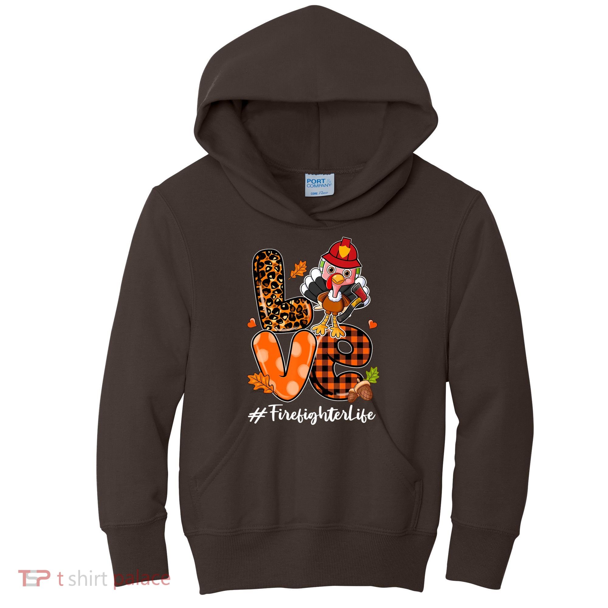 Love Firefighter Leopard Turkey Fall Thanksgiving Kids Hoodie