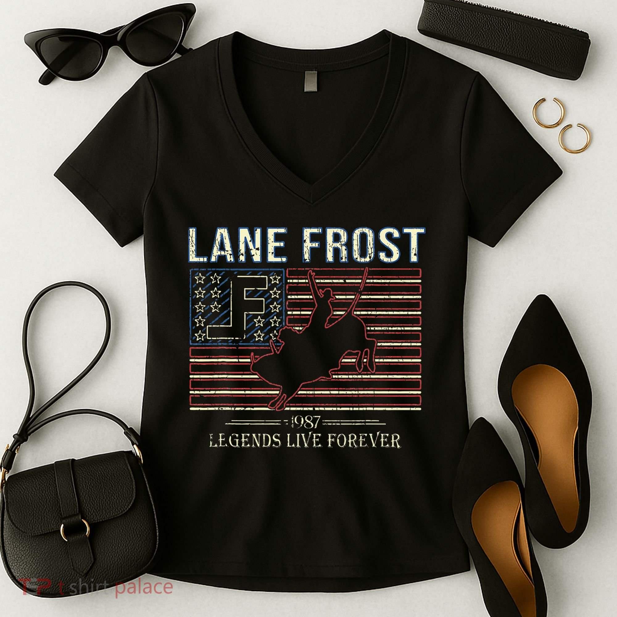 Lane Frost Legends Live Together Rodeo Lover Women's V-Neck T-Shirt