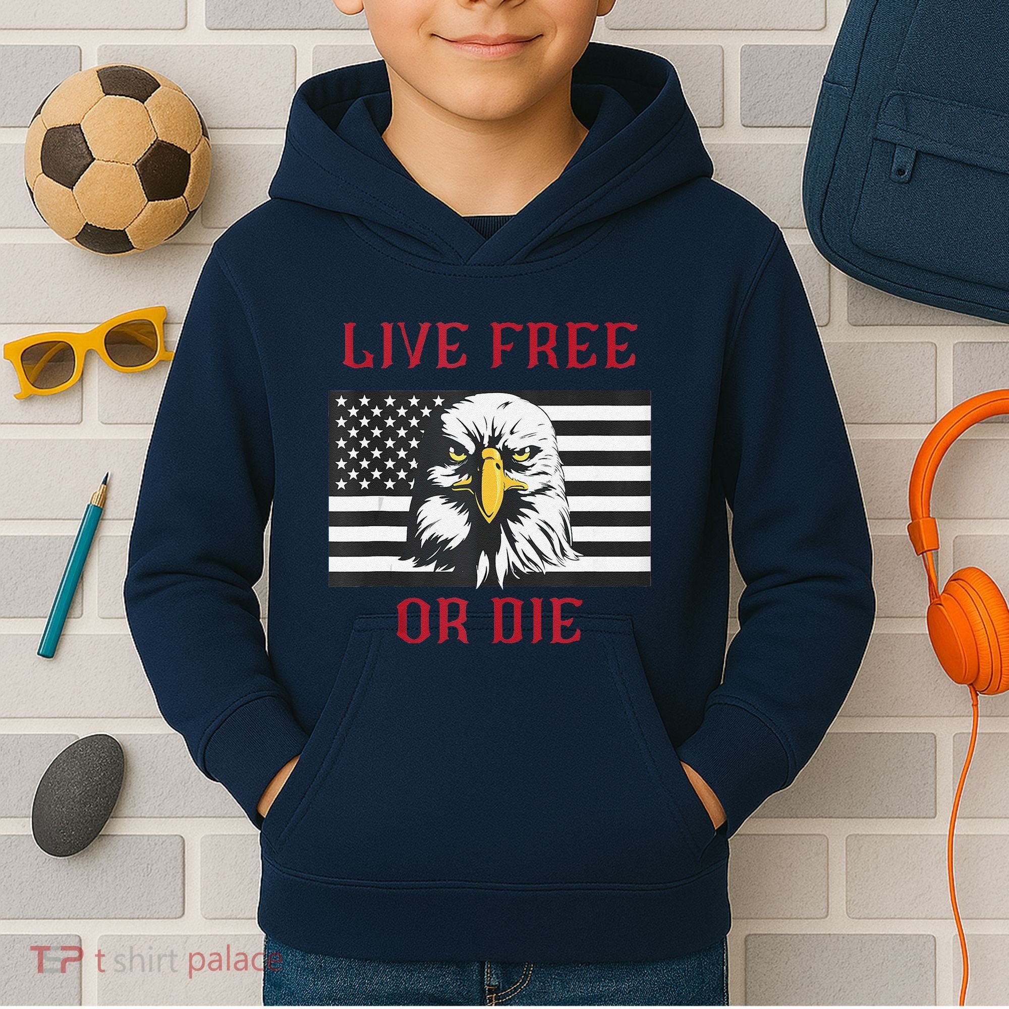 Live Free Or Die Bald Eagle American Flag Kids Hoodie