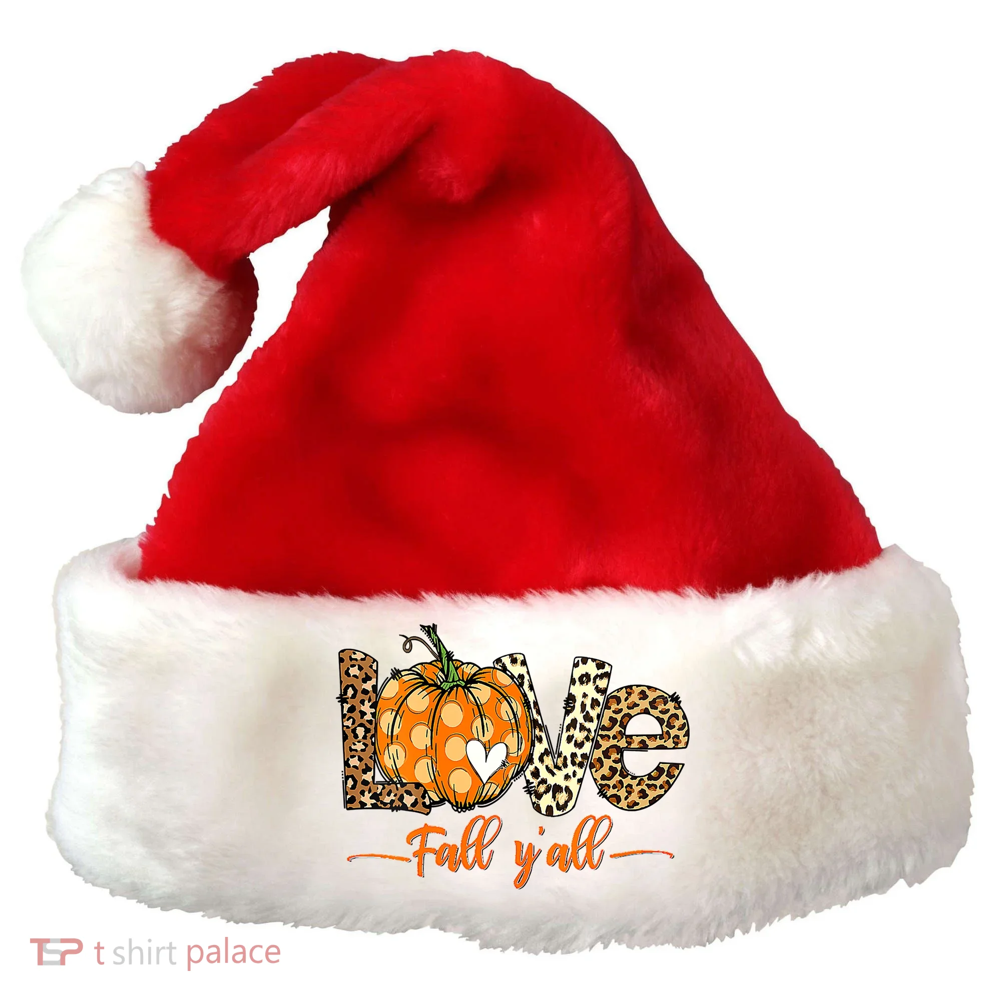 Love Fall Y'All Leopard Pumpkin Fall Santa Hat