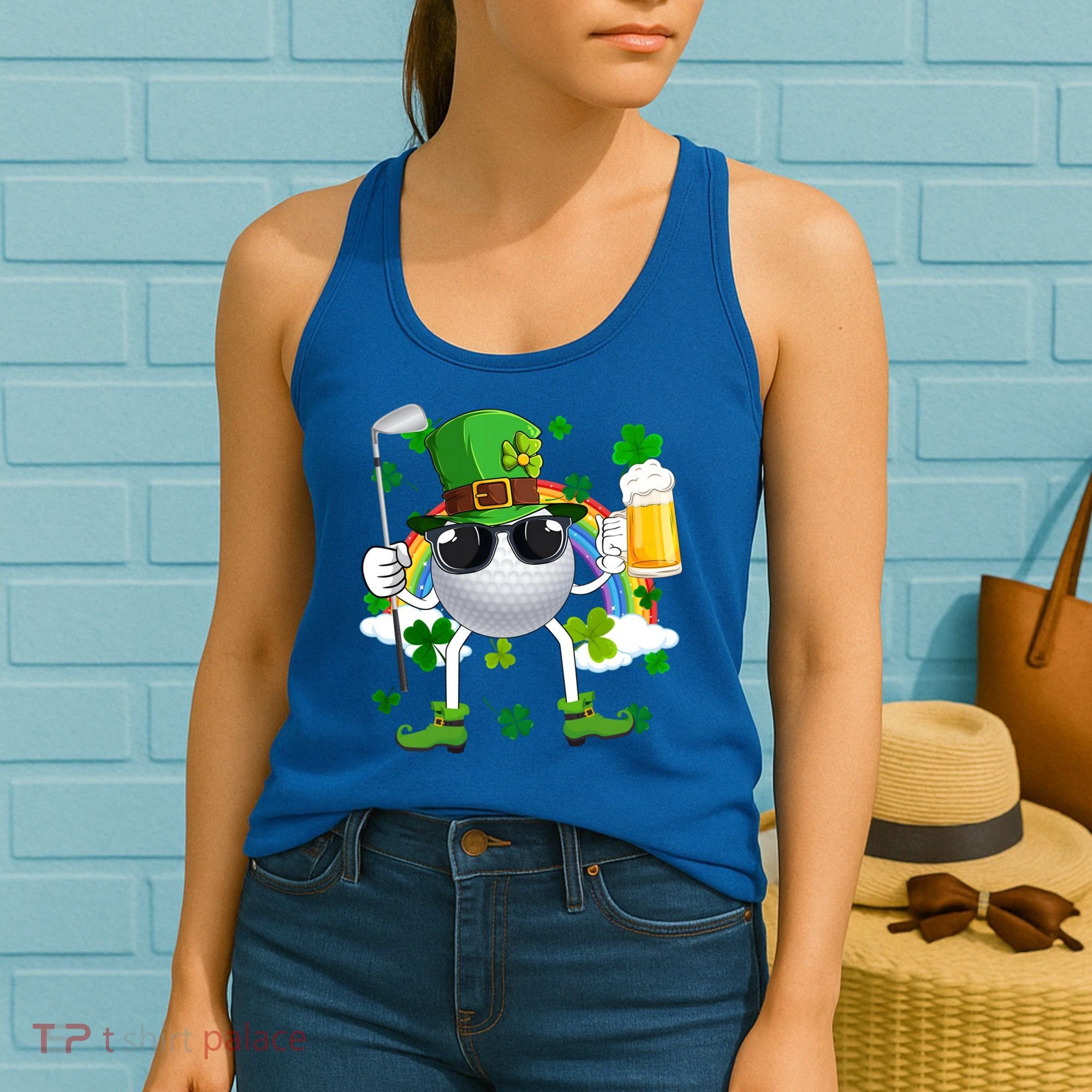 Leprechaun Golf Ball With Stick And Glass Of Beer Patricks Day Gift Women's Tank Top