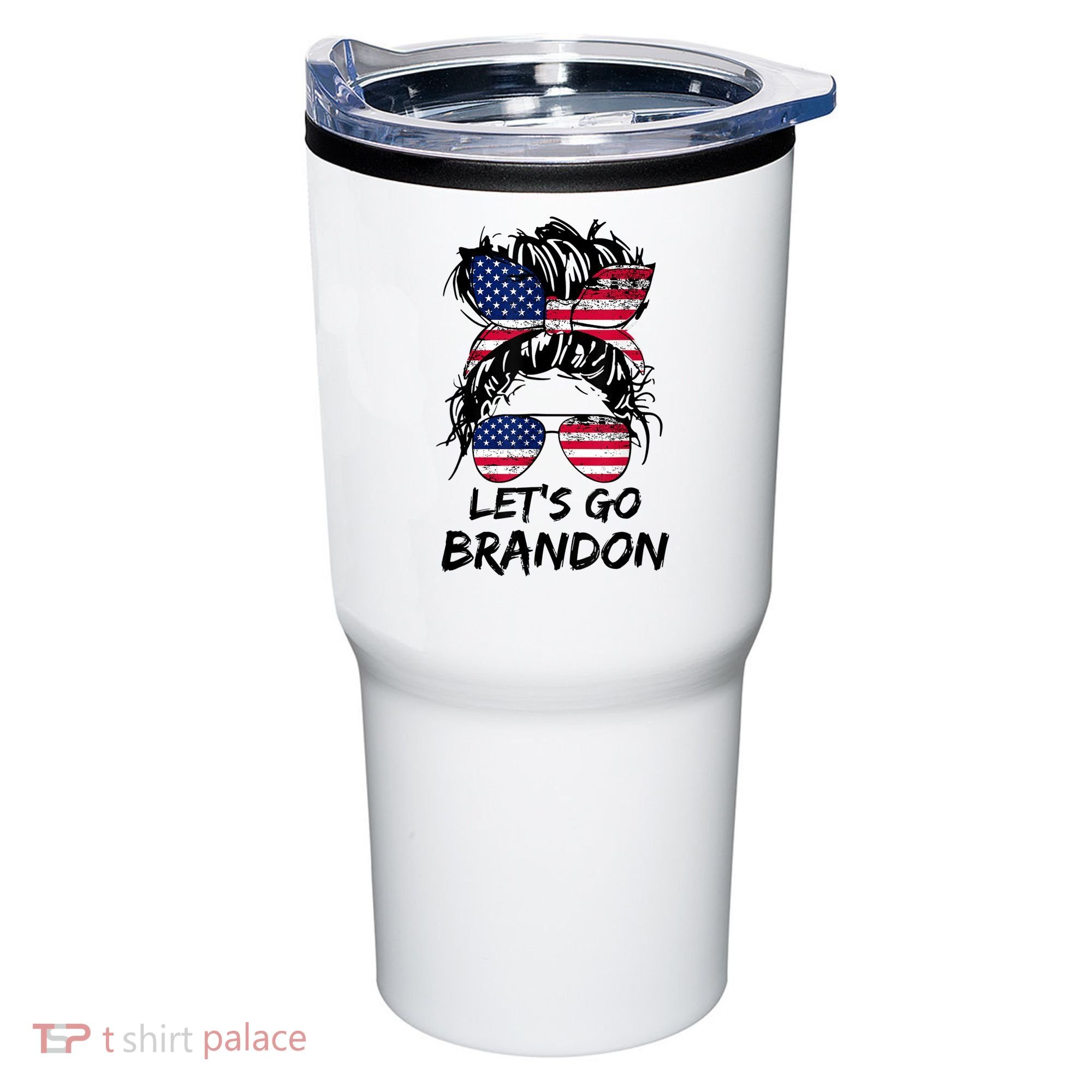 Let's Go Brandon Messy Bun America Flag Tumbler
