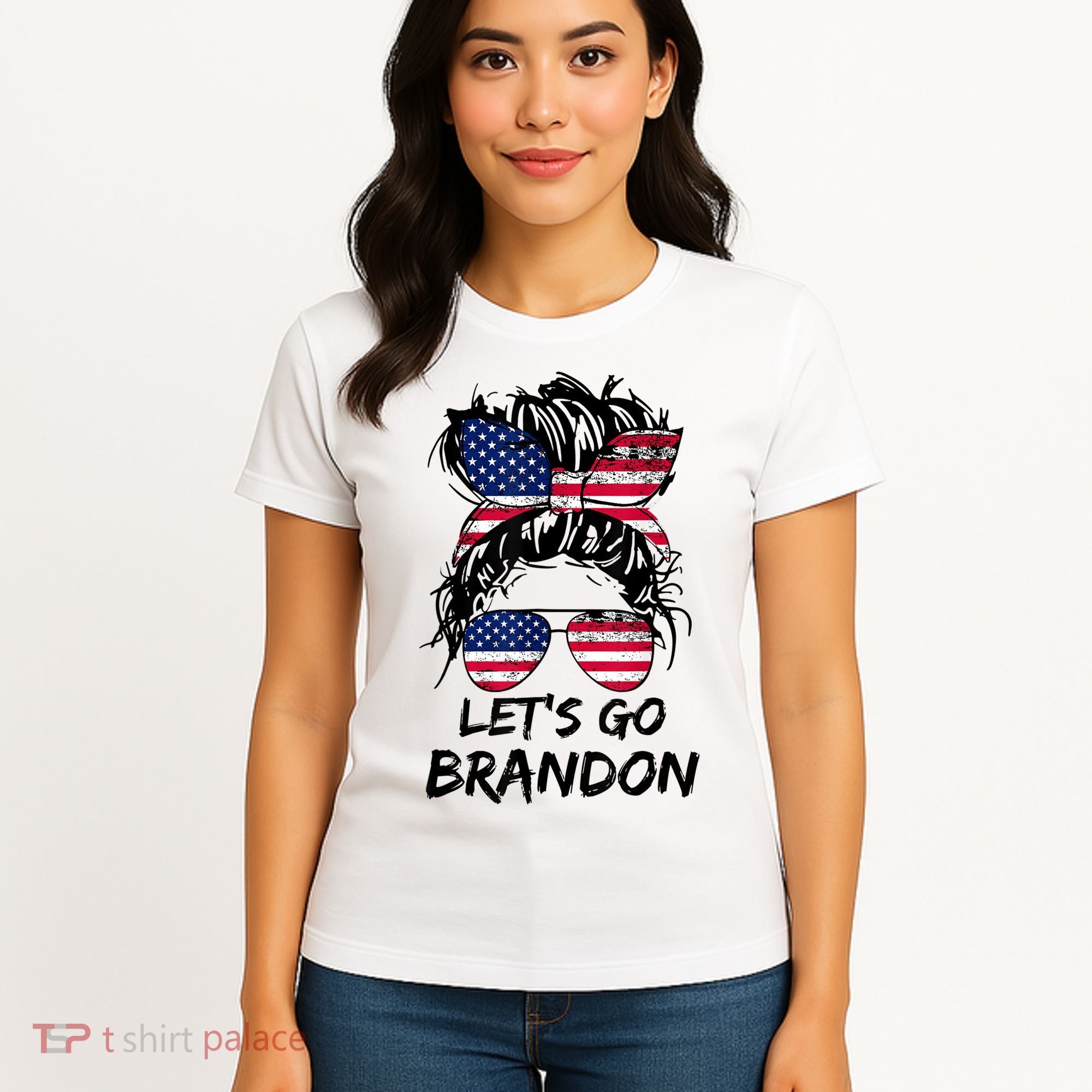Let's Go Brandon Messy Bun America Flag Women's T-Shirt