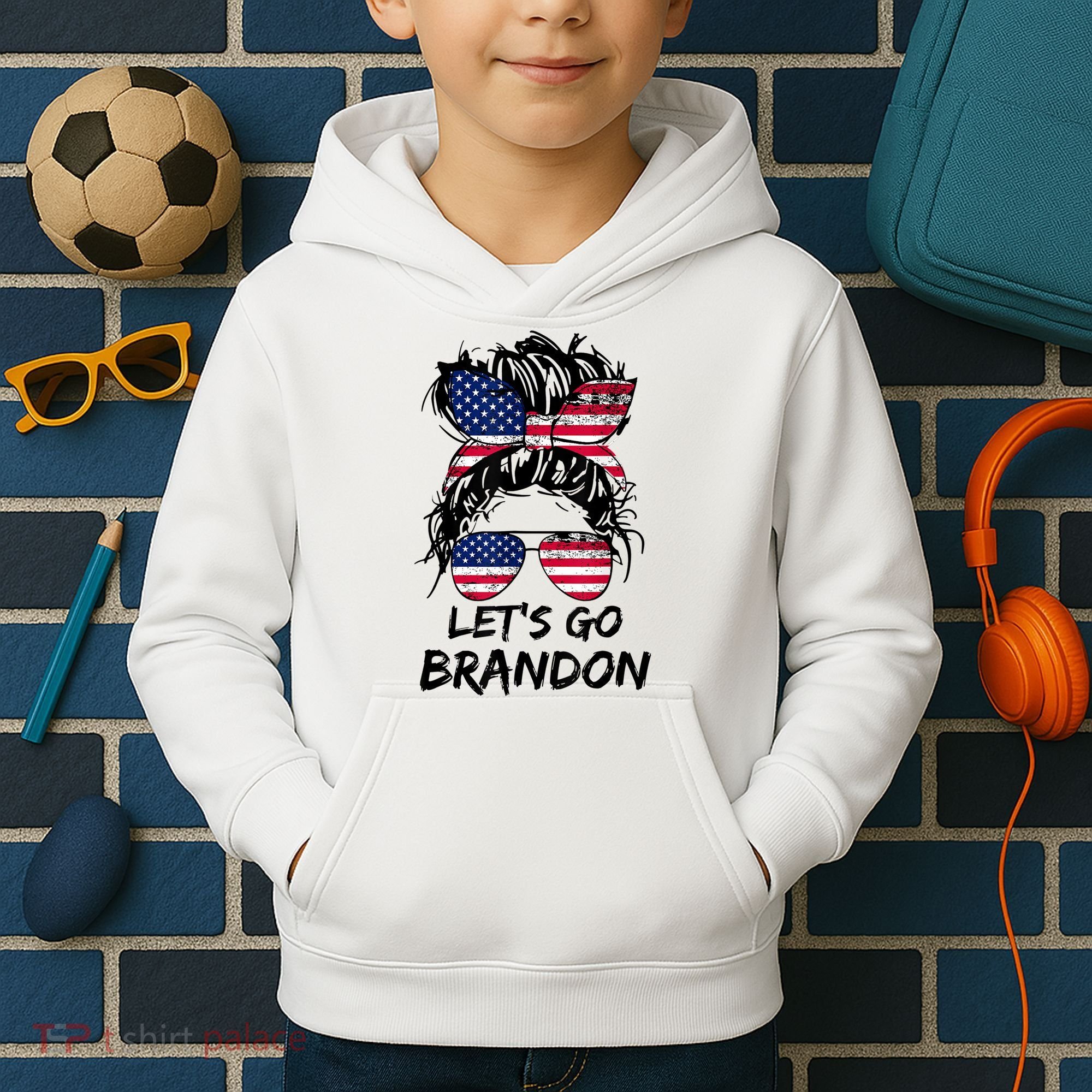 Let's Go Brandon Messy Bun America Flag Kids Hoodie