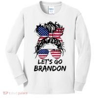 Let's Go Brandon Messy Bun America Flag Kids Long Sleeve Shirt thumb 0