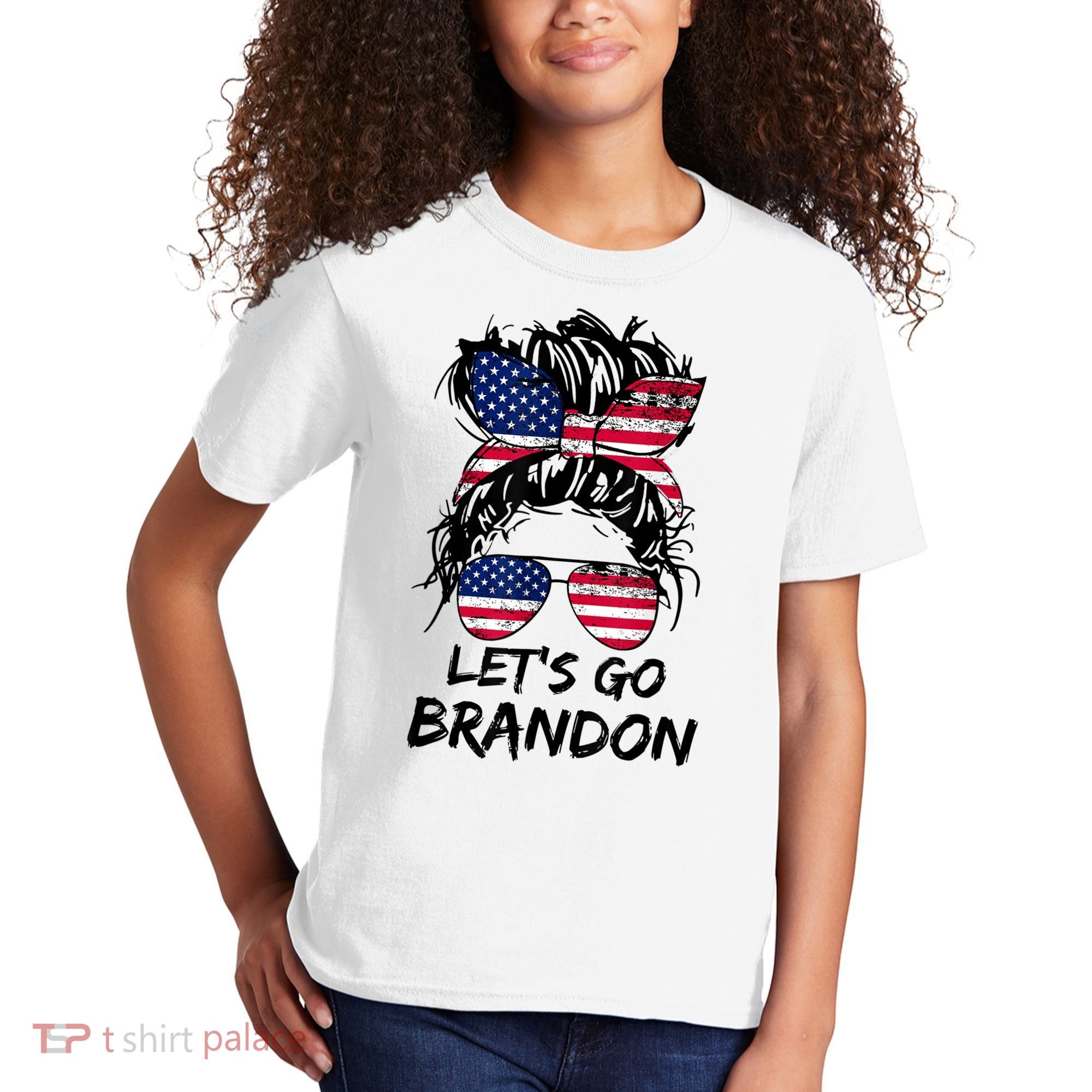 Let's Go Brandon Messy Bun America Flag Kids T-Shirt