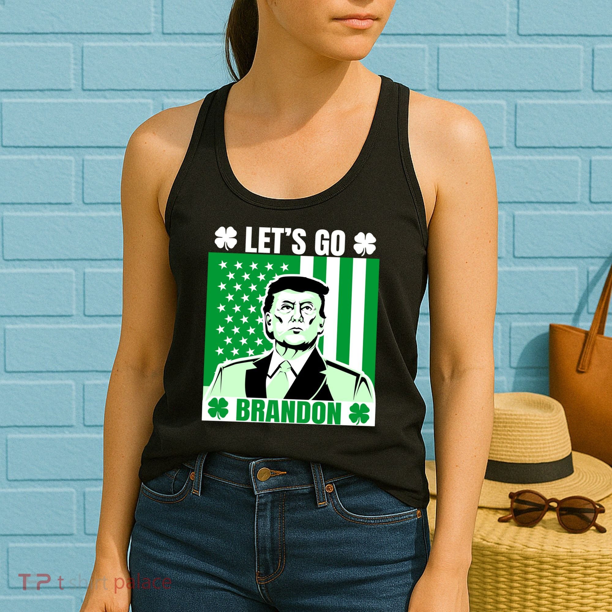 Lets Go Brandon St Patrick's Day Trump America Flag Clover Women's Tank Top