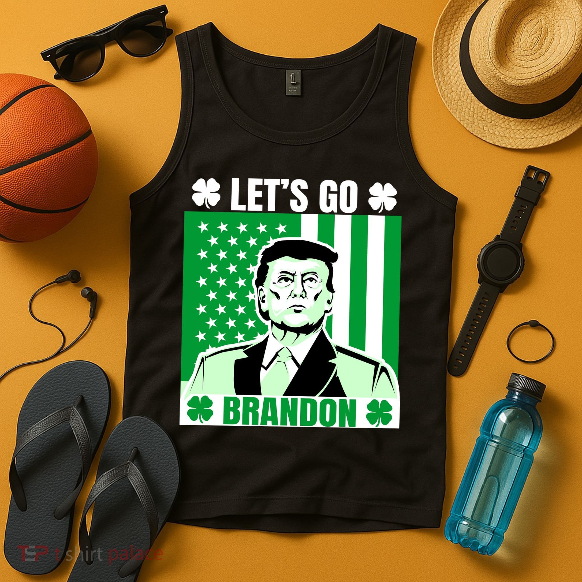 Lets Go Brandon St Patrick's Day Trump America Flag Clover Tank Top