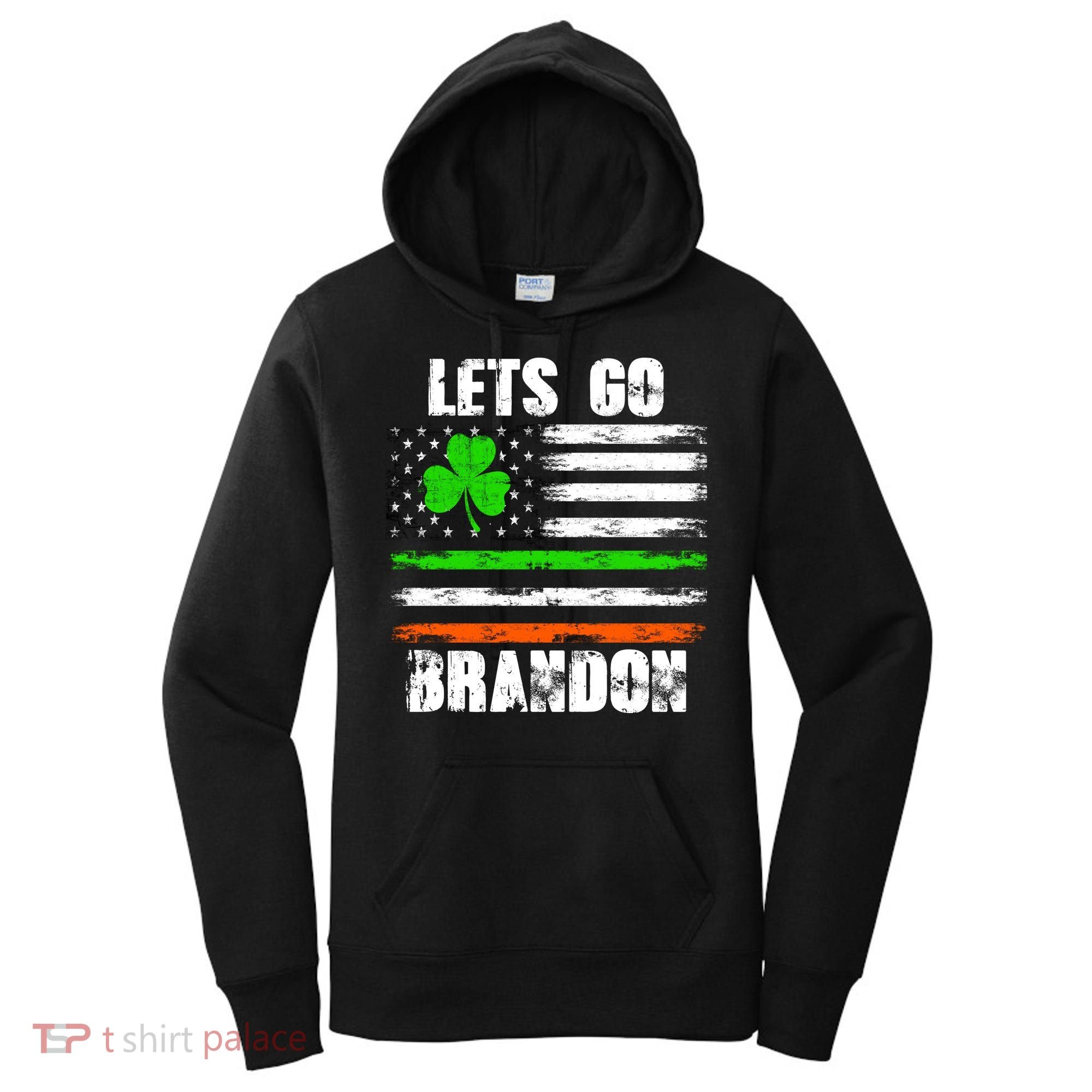 Lets Go Brandon St Patrick's Day Distressed America USA Flag Clover Women's Hoodie