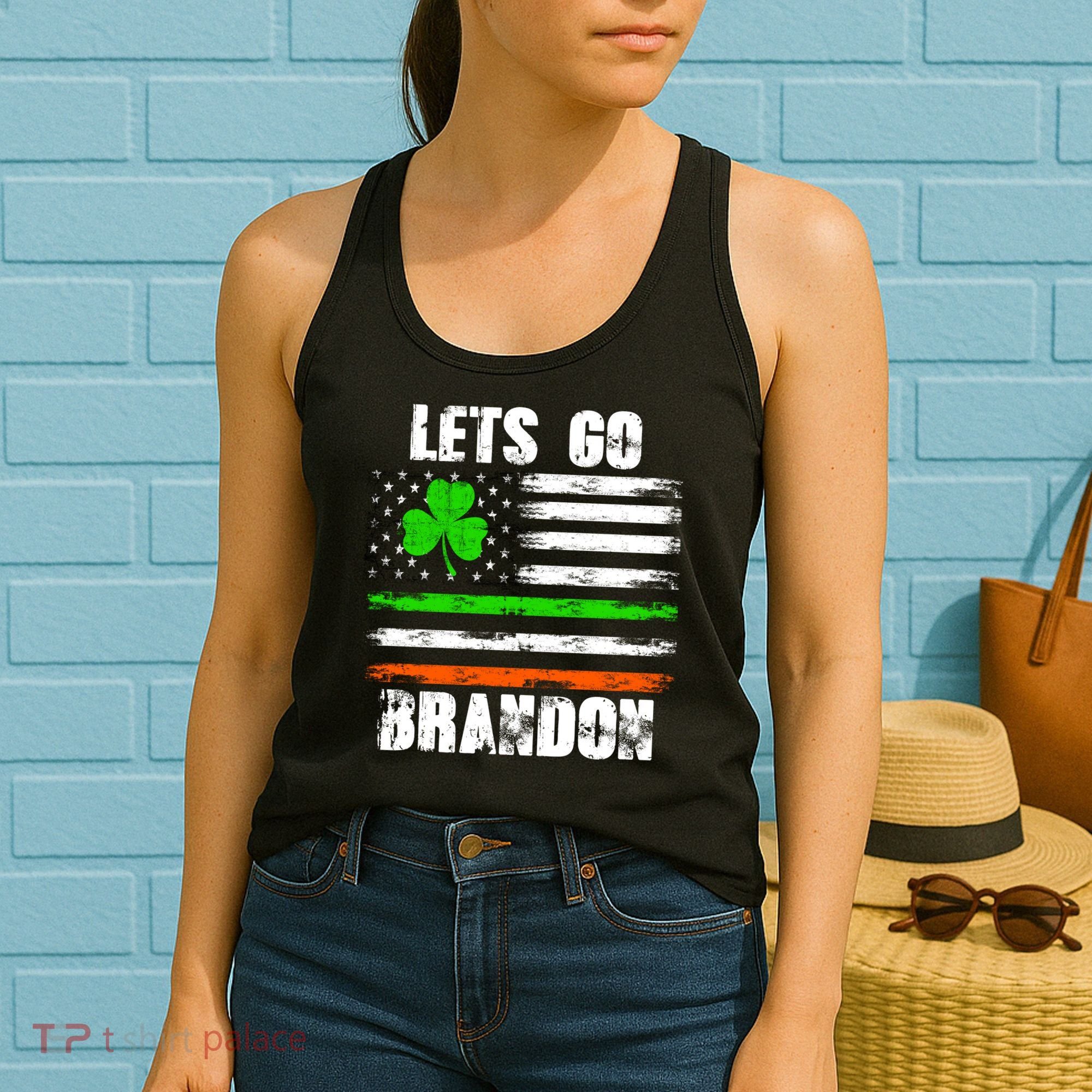 Lets Go Brandon St Patrick's Day Distressed America USA Flag Clover Women's Tank Top