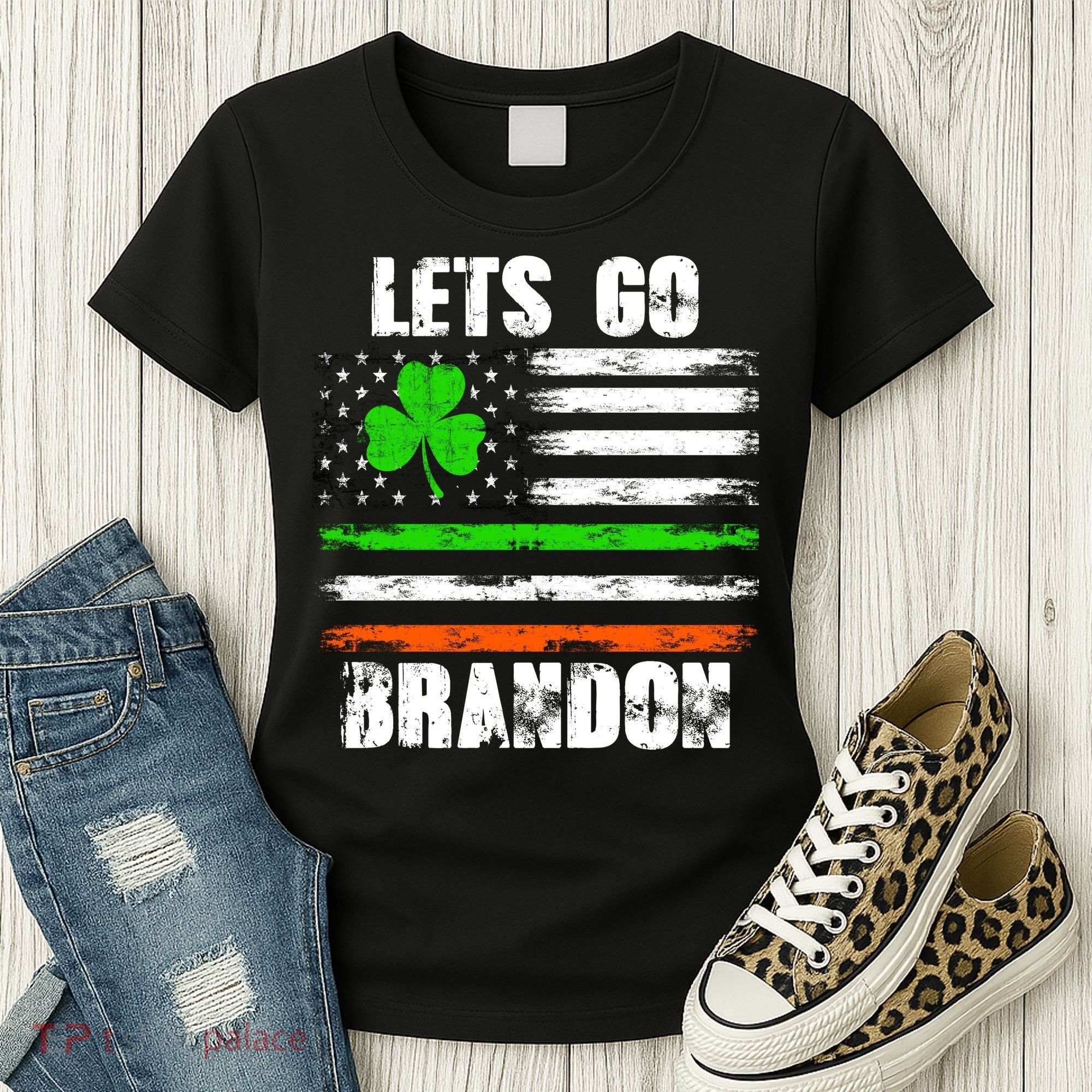 Lets Go Brandon St Patrick's Day Distressed America USA Flag Clover Women's T-Shirt