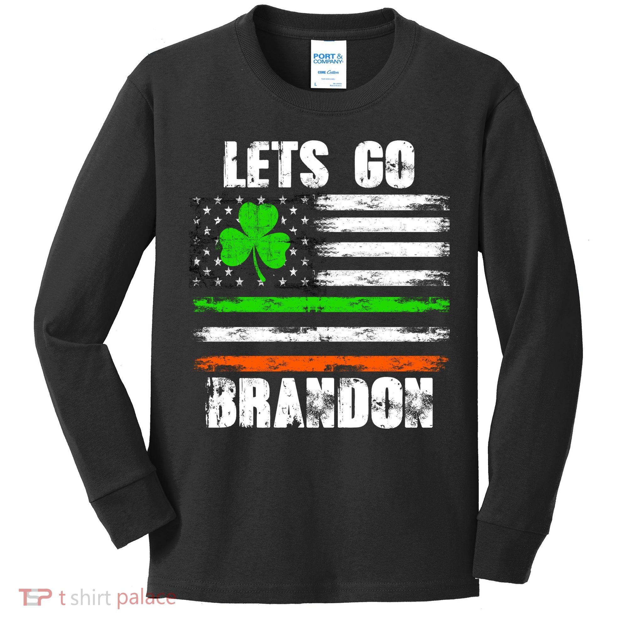 Lets Go Brandon St Patrick's Day Distressed America USA Flag Clover Kids Long Sleeve Shirt