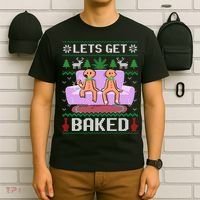 Let's Get Baked Gingerbread Man Ugly Christmas Marijuana T-Shirt thumb 6