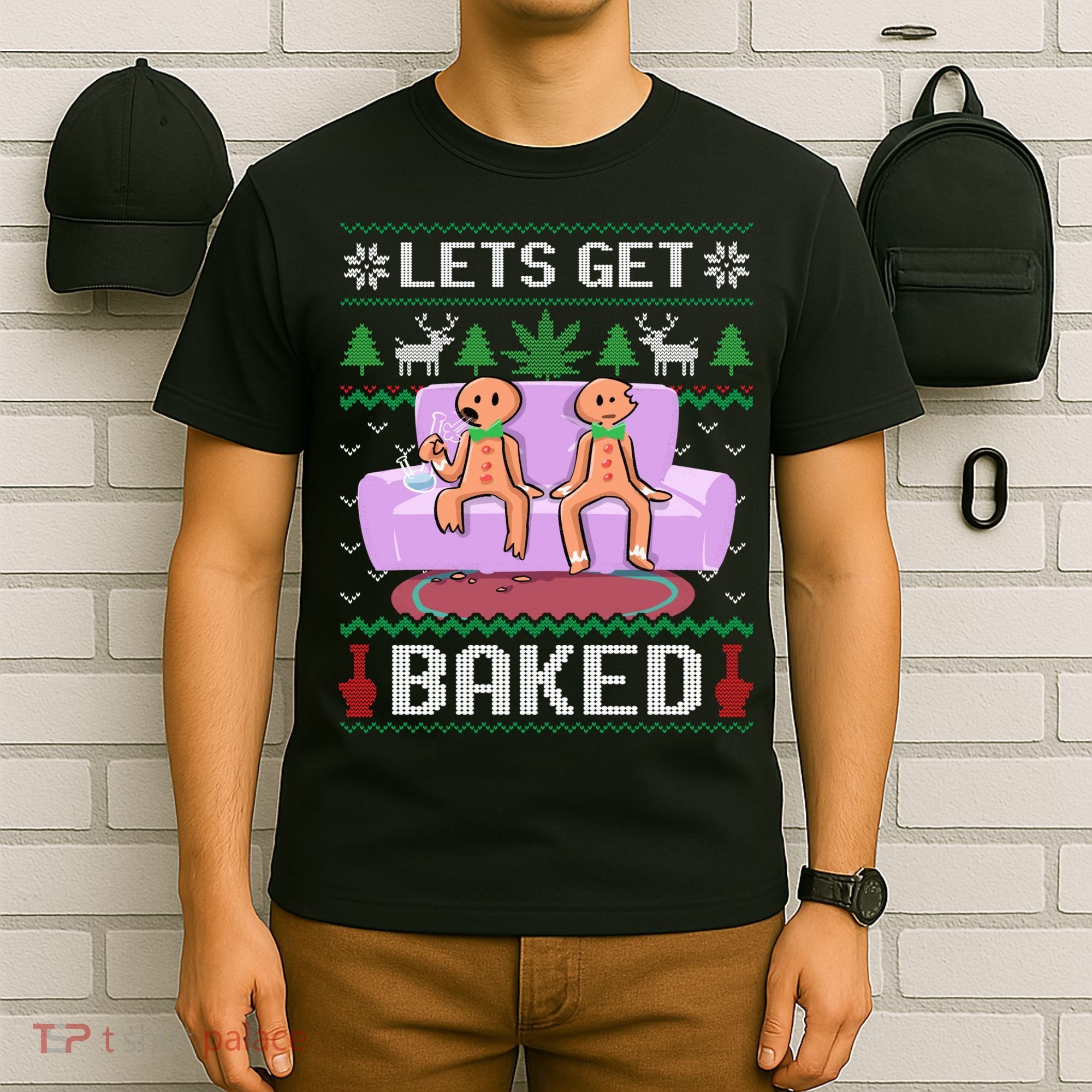 Let's Get Baked Gingerbread Man Ugly Christmas Marijuana T-Shirt