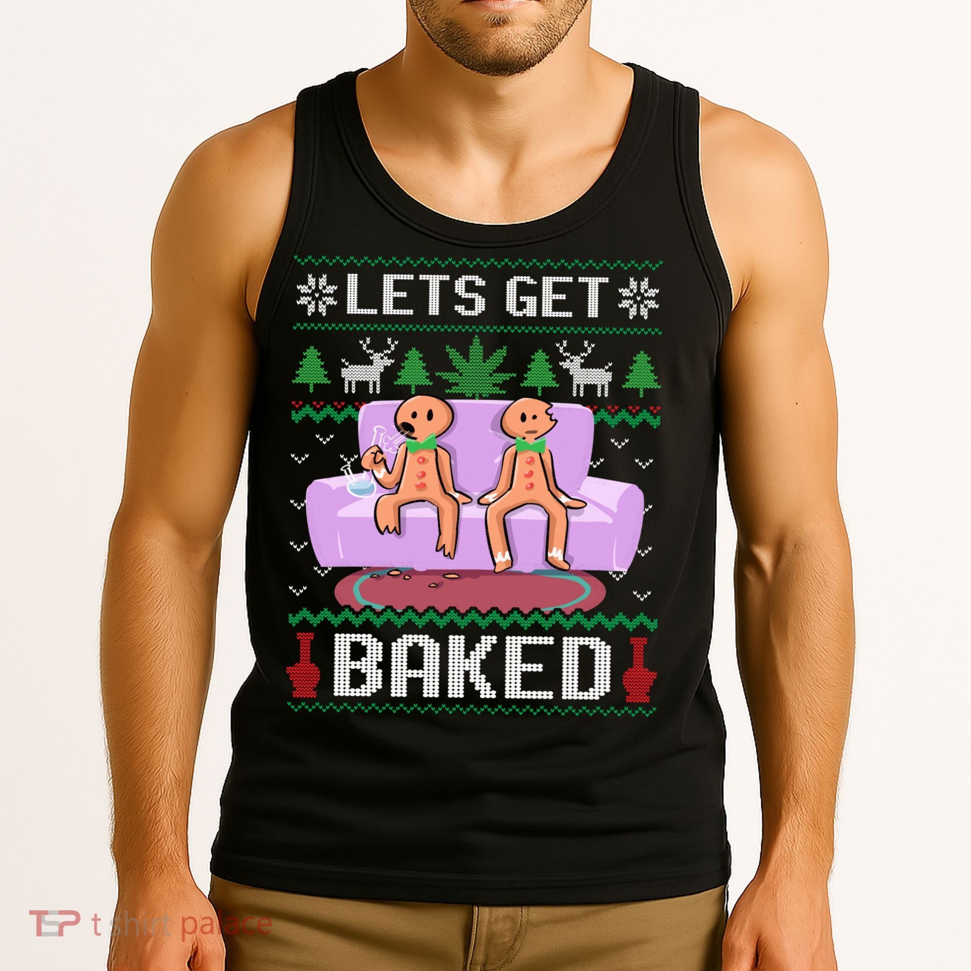 Let's Get Baked Gingerbread Man Ugly Christmas Marijuana Tank Top