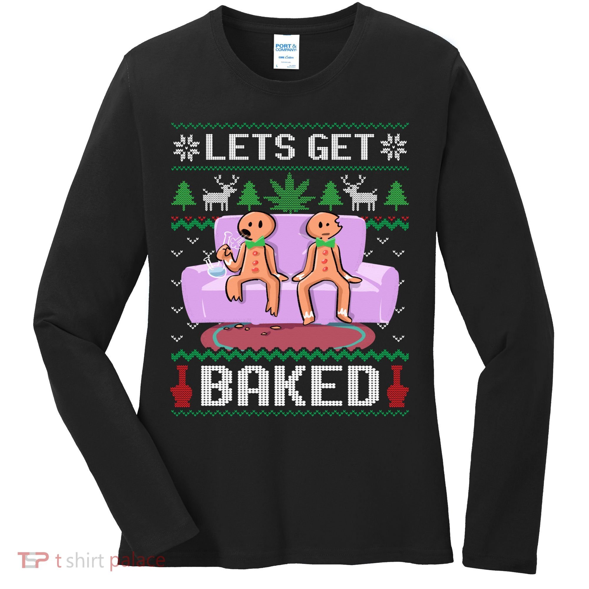 Let's Get Baked Gingerbread Man Ugly Christmas Marijuana Women's Long Sleeve Shirt
