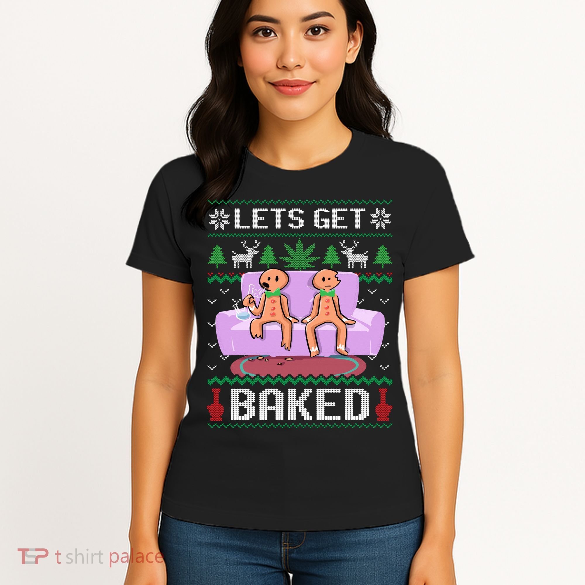 Let's Get Baked Gingerbread Man Ugly Christmas Marijuana Women's T-Shirt