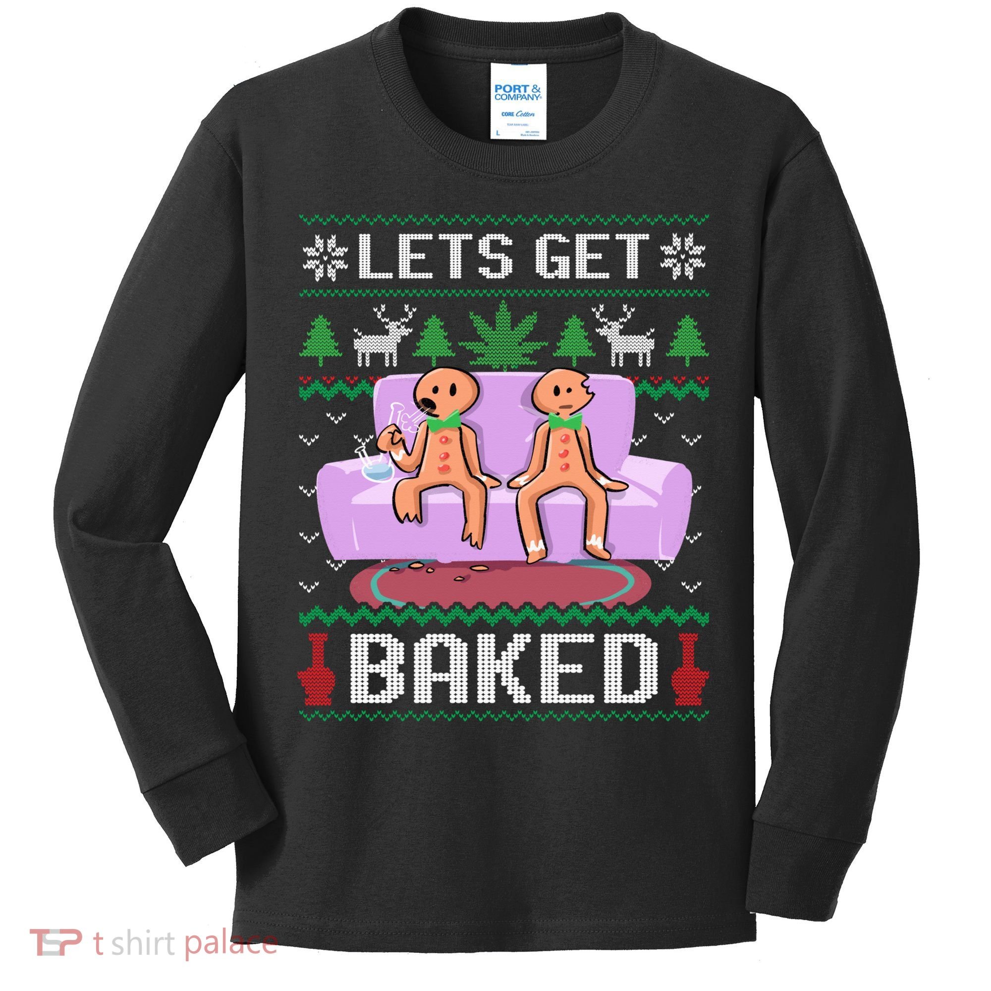 Let's Get Baked Gingerbread Man Ugly Christmas Marijuana Kids Long Sleeve Shirt