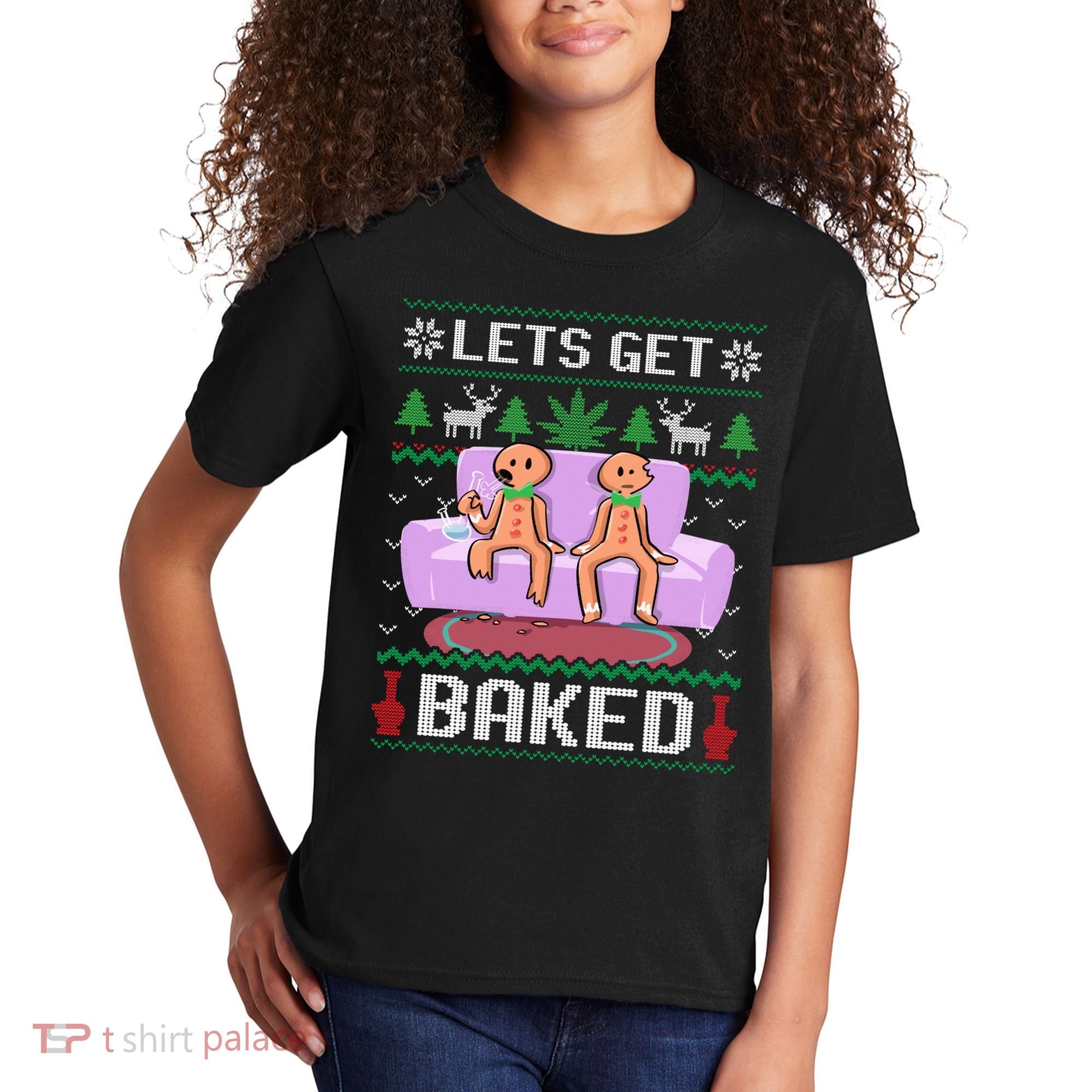 Let's Get Baked Gingerbread Man Ugly Christmas Marijuana Kids T-Shirt