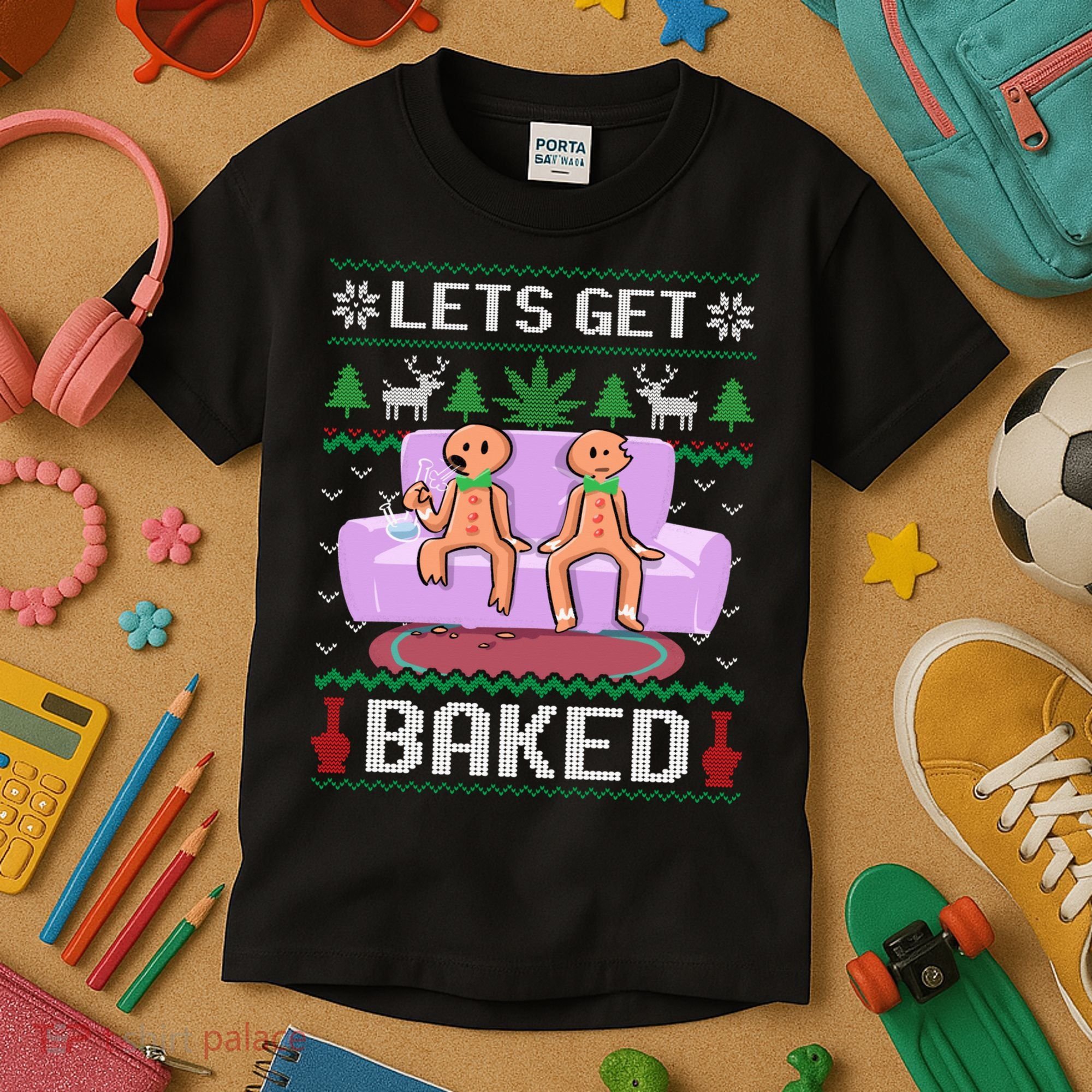Let's Get Baked Gingerbread Man Ugly Christmas Marijuana Kids T-Shirt