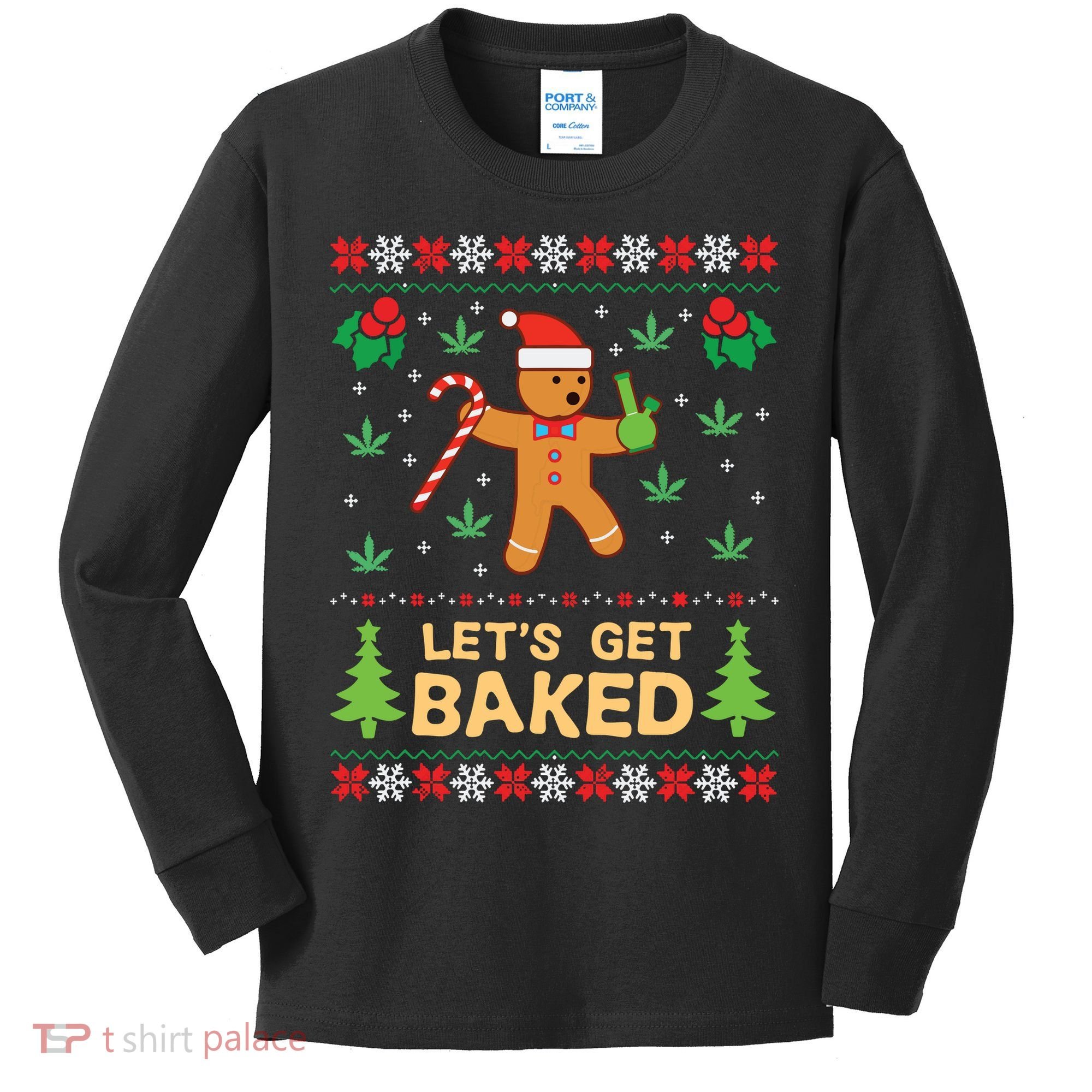 Lets Get Baked Cookie Weed Xmas Ugly Christmas Sweater Kids Long Sleeve Shirt