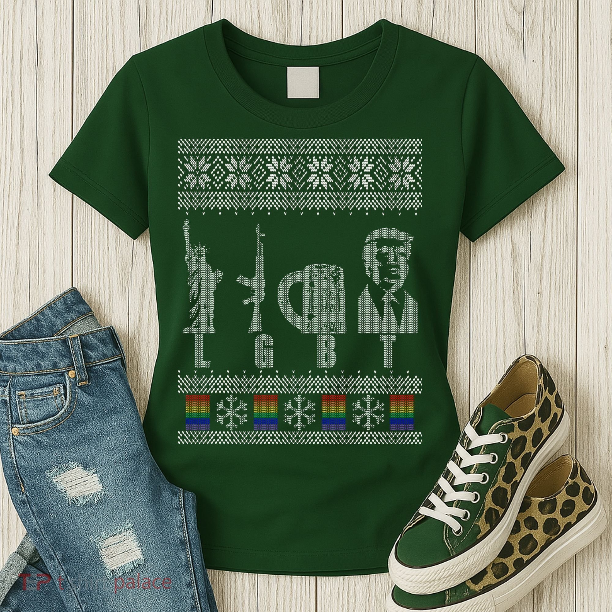 LGBT Liberty Guns Beer Trump Support Ugly Christmas Women's T-Shirt