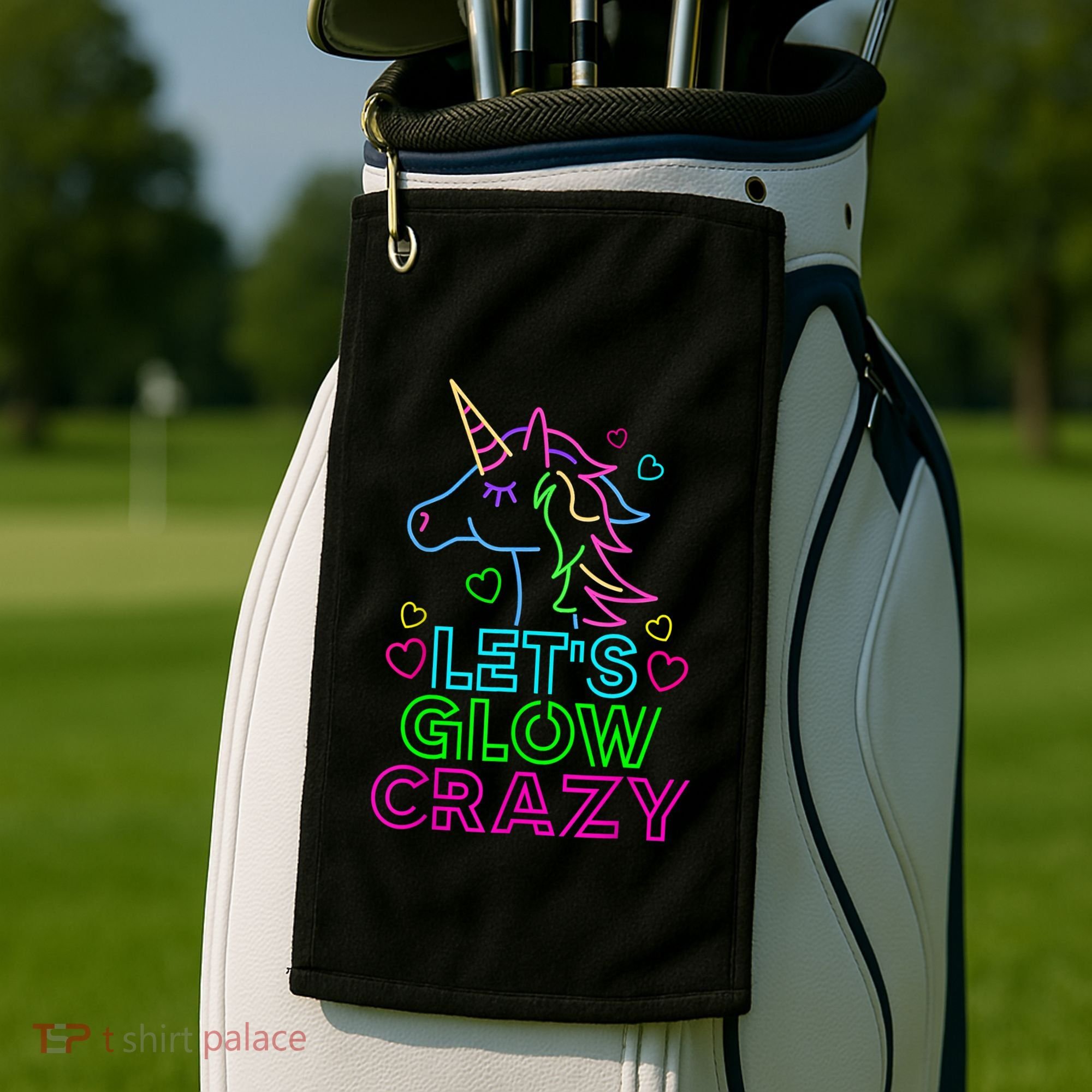 Let's Glow Crazy Glow Party 80s Retro Unicorn Costume Funny Golf Towel